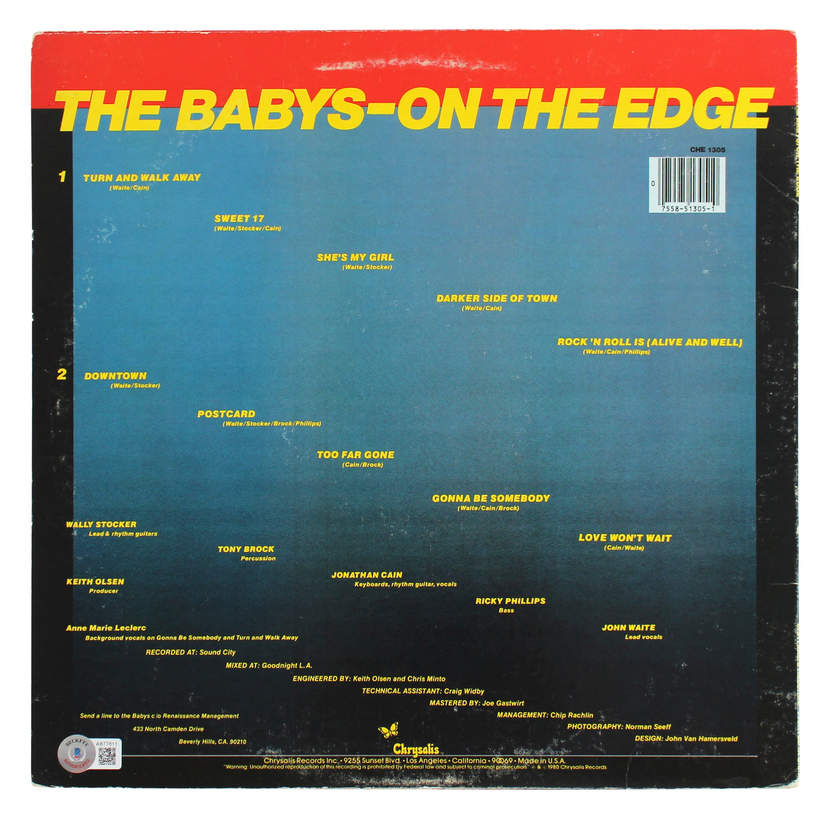 The Babys (3) Waite, Brock & Stocker Signed On The Edge Album Cover BAS #AB77811