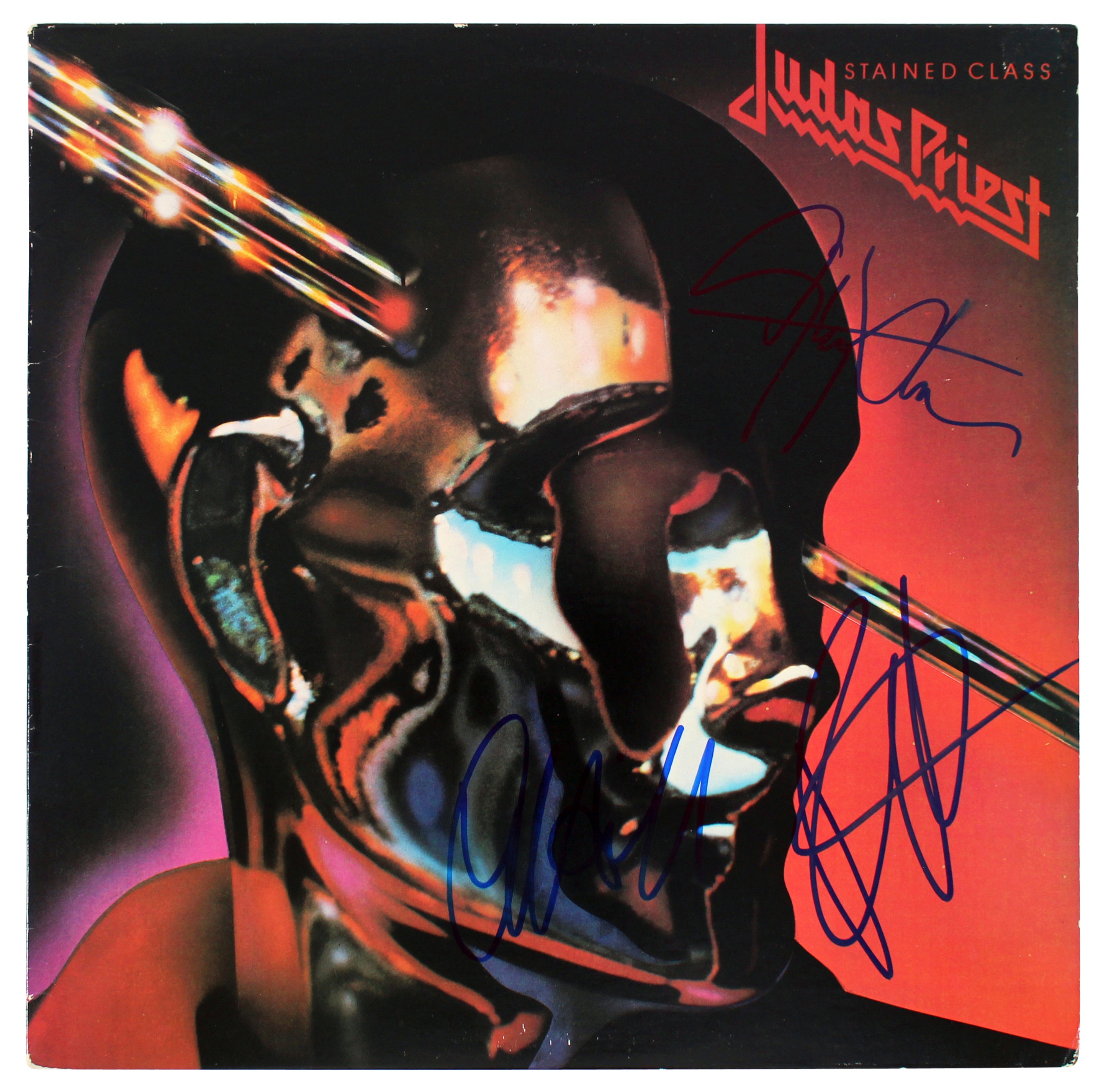 Judas Priest (3) Halford, Hill & Tipton Signed Stained Class Album Cover BAS
