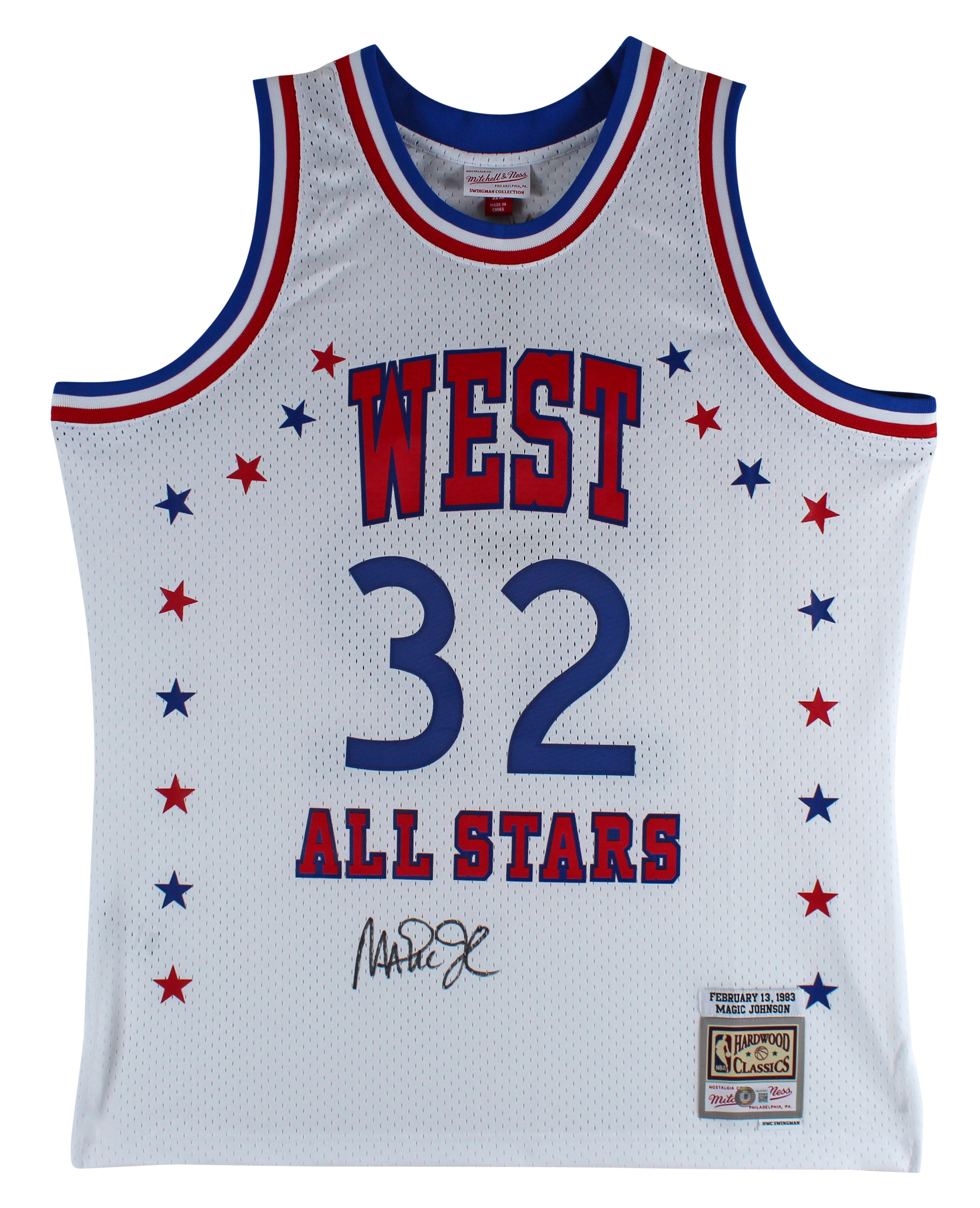 Magic Johnson Signed White 1983 All-Star M&N HWC Swingman Jersey Jersey BAS Wit