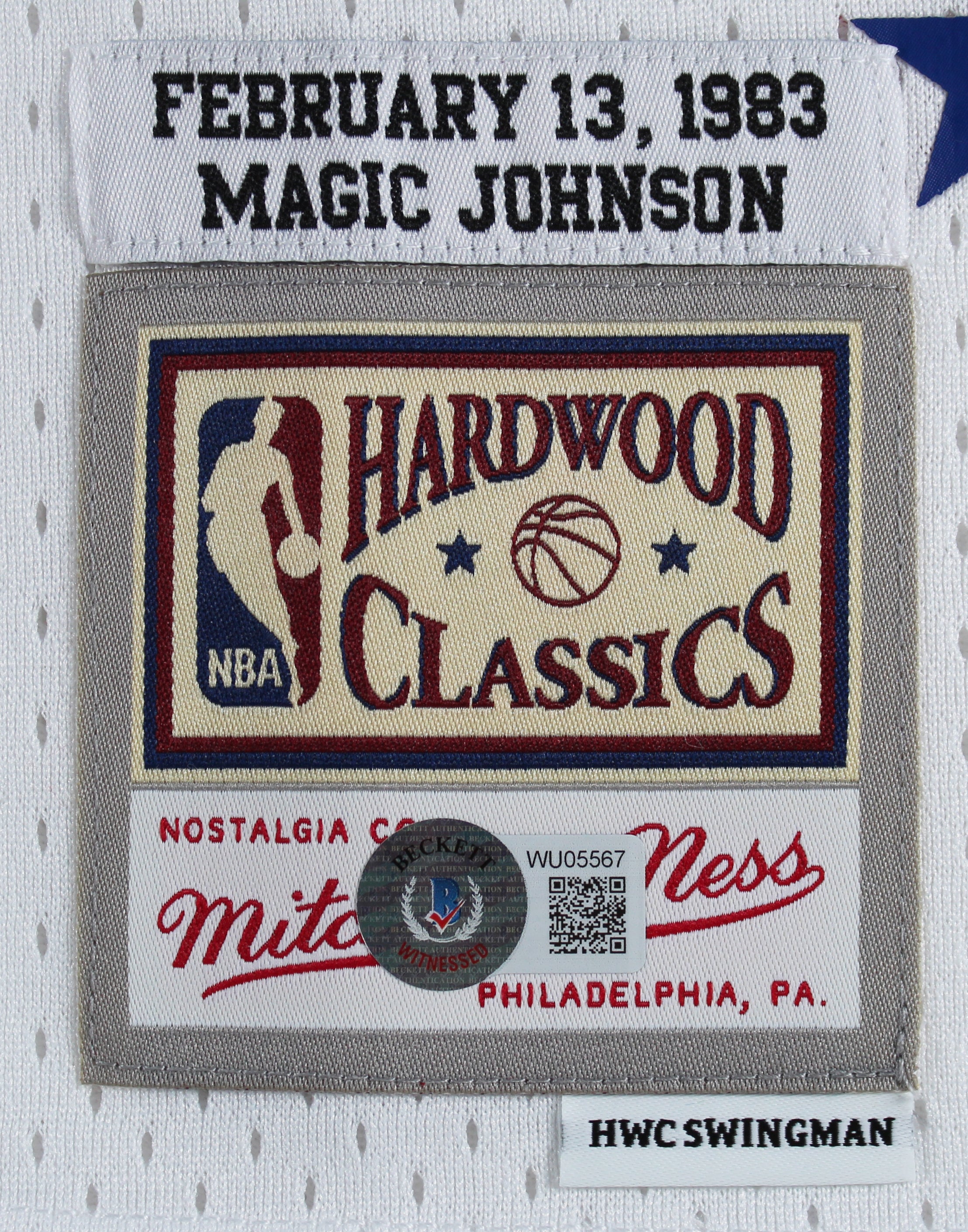 Magic Johnson Signed White 1983 All-Star M&N HWC Swingman Jersey Jersey BAS Wit