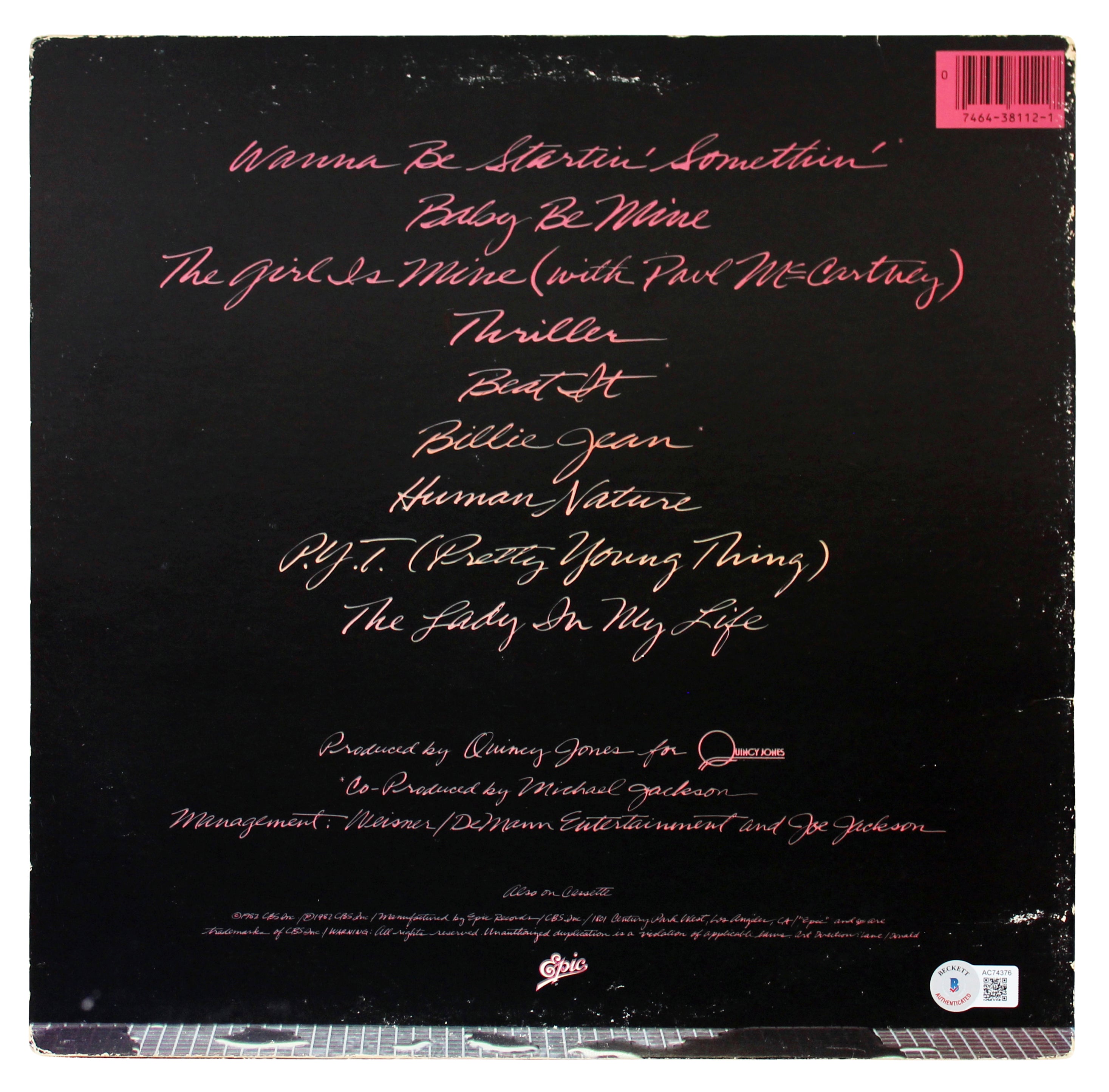 Michael Jackson Authentic Signed Thriller Album Cover Autographed BAS #AC74376