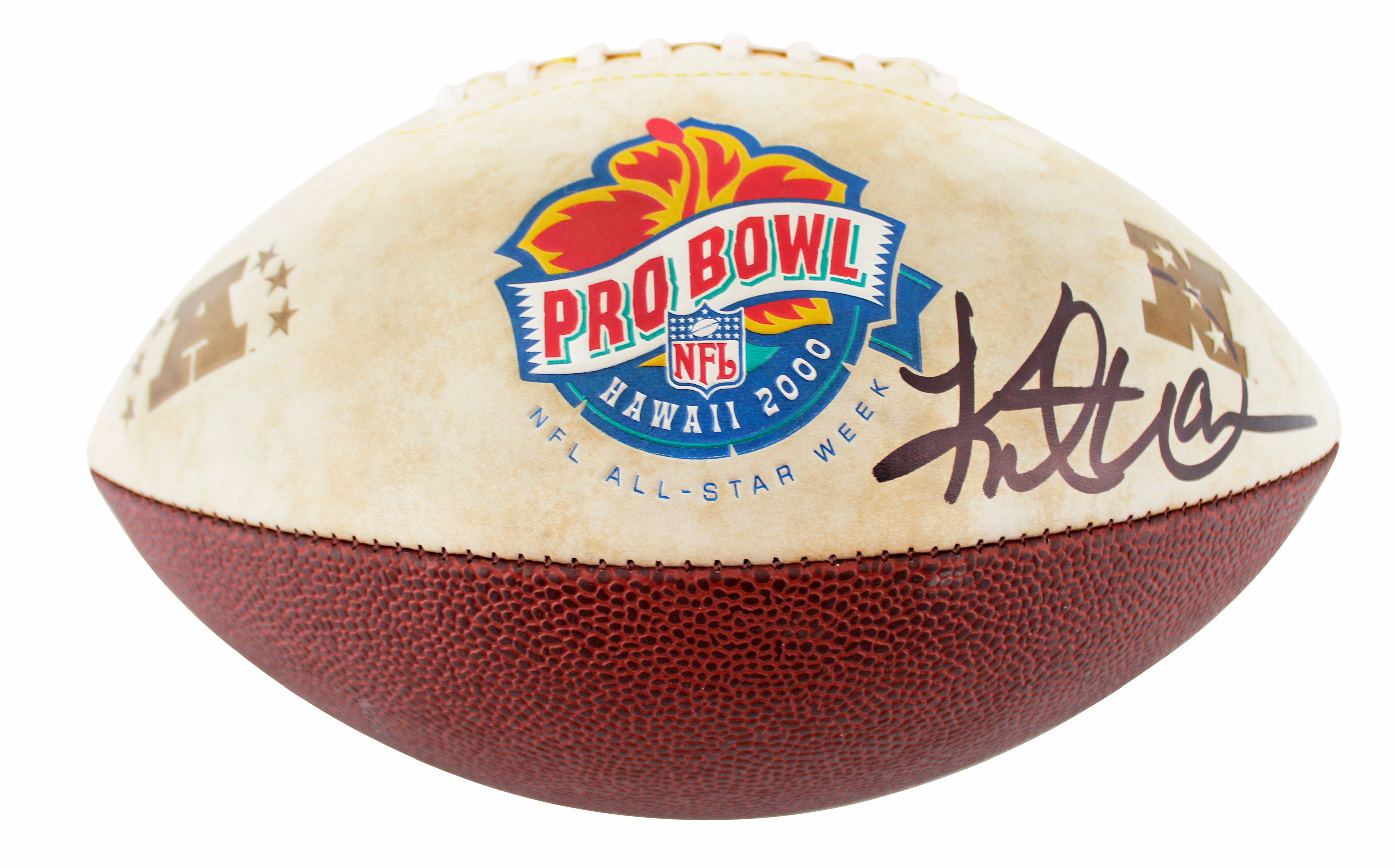 Rams Kurt Warner Signed 2000 Pro Bowl White Panel Logo Football BAS W #1W695965
