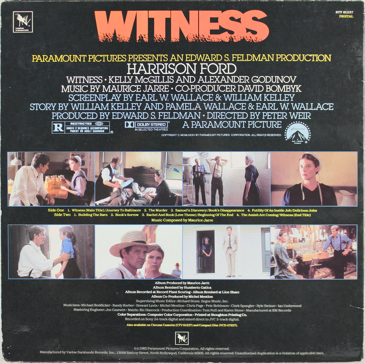 Harrison Ford Signed Witness Soundtrack Album Cover W/ Vinyl BAS #A79378