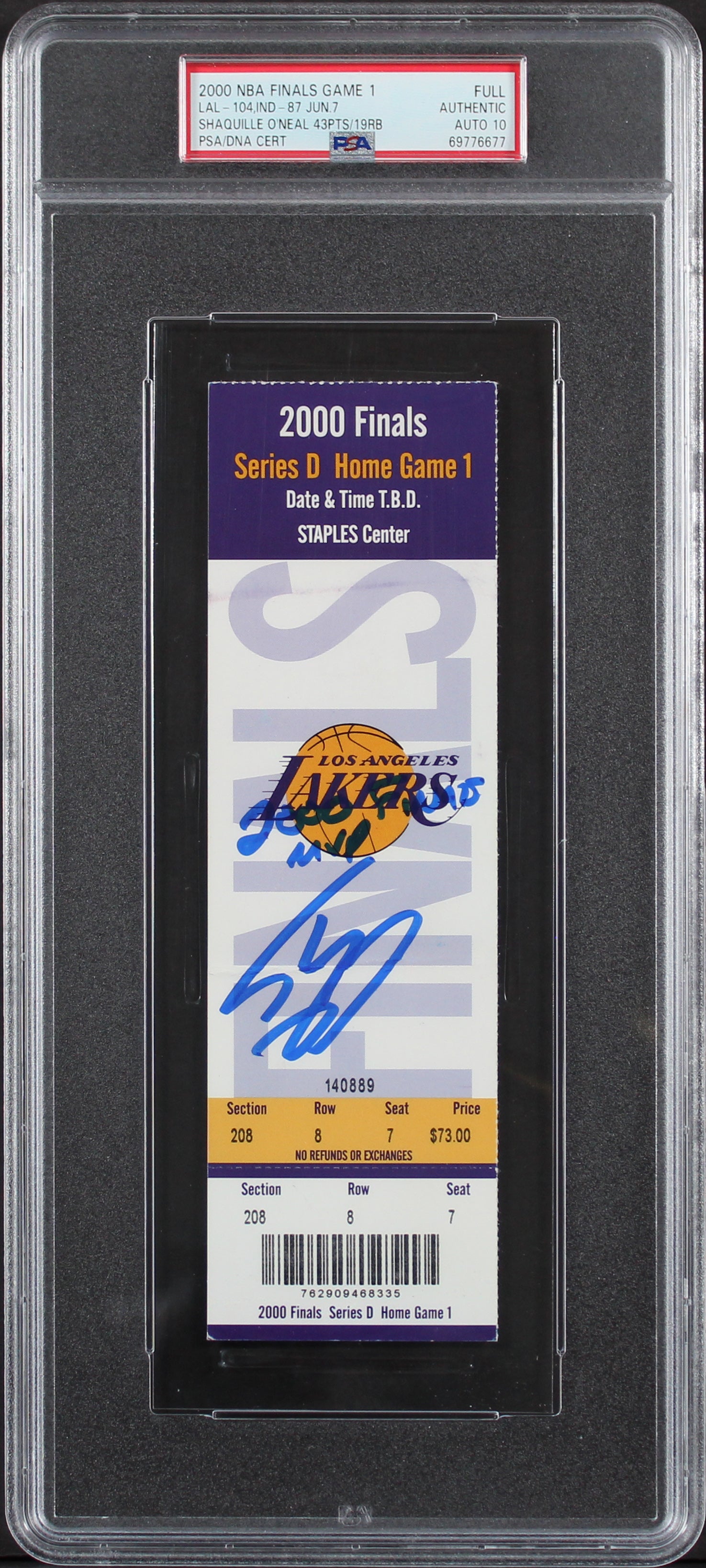 Shaquille O'Neal "MVP" Signed 2000 NBA Finals Game 1 Ticket Auto 10! PSA Slabbed