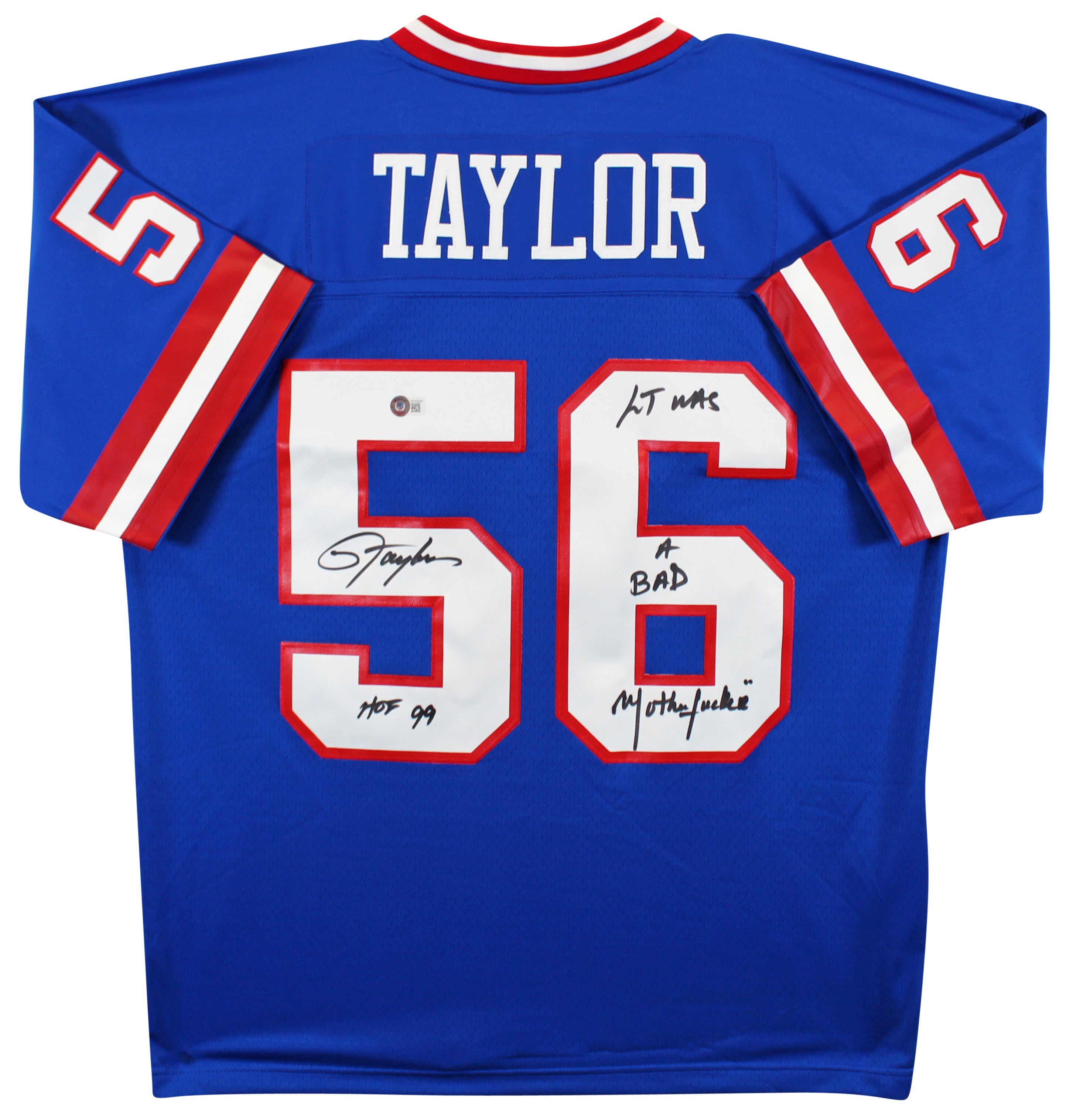 Giants Lawrence Taylor "2x Insc" Signed Blue Mitchell & Ness Jersey BAS Witness