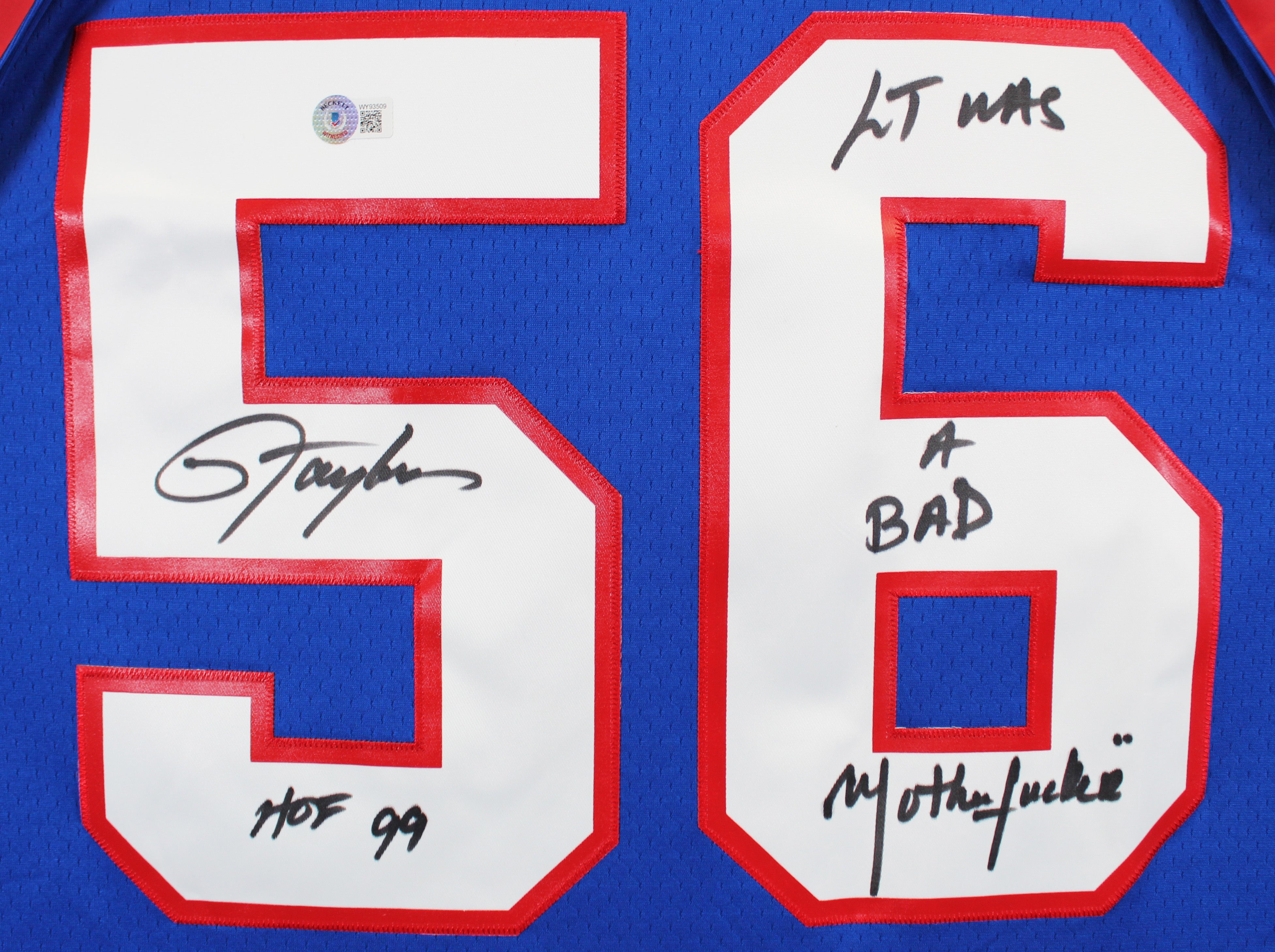Giants Lawrence Taylor "2x Insc" Signed Blue Mitchell & Ness Jersey BAS Witness