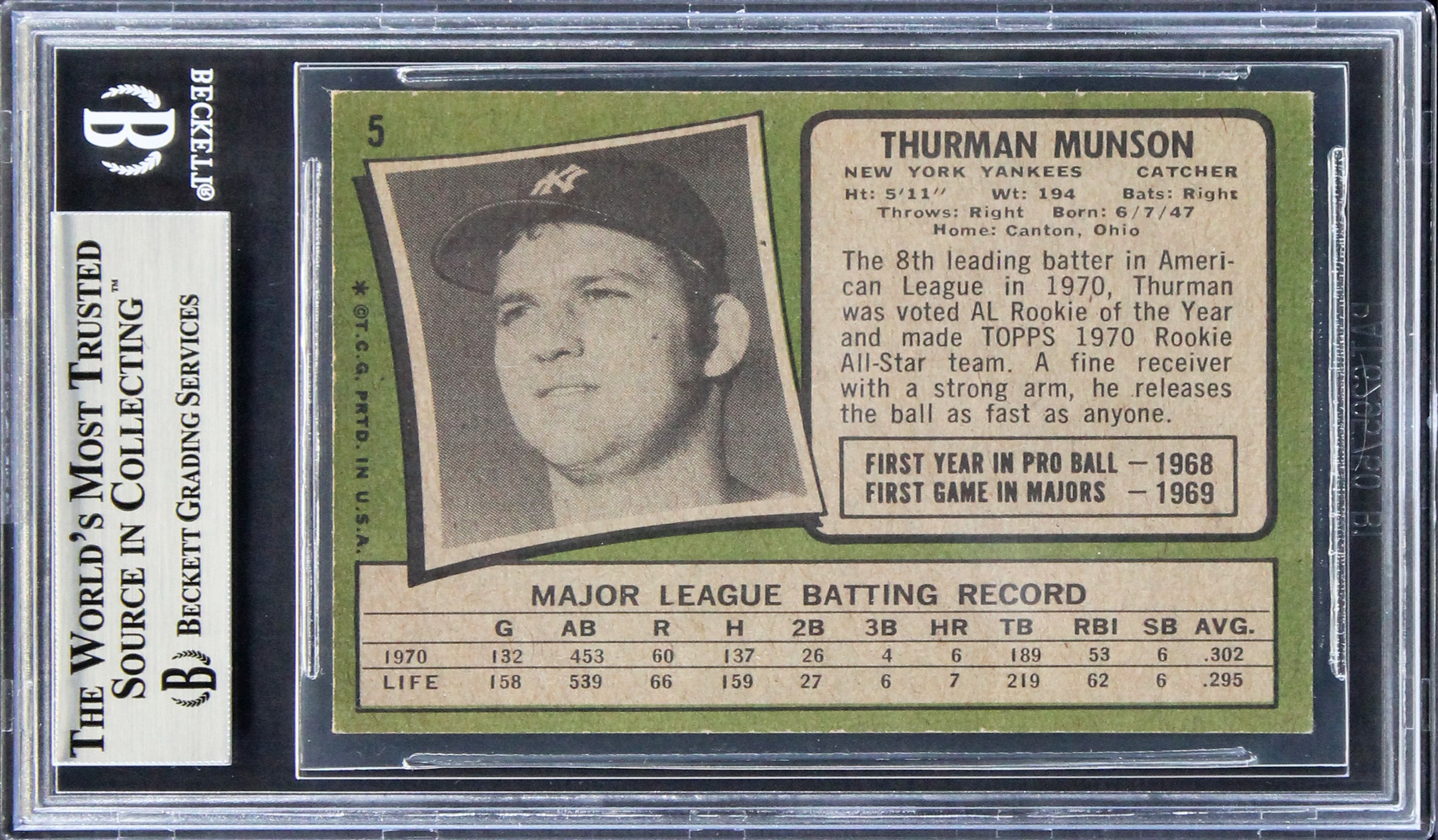 Yankees Thurman Munson Authentic Signed 1971 Topps #5 Rookie Card BAS Slabbed