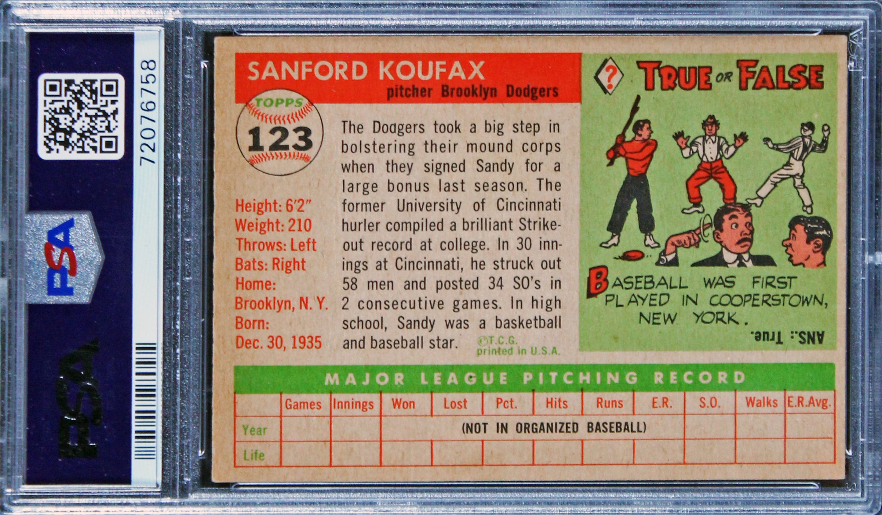 Dodgers Sandy Koufax Authentic Signed 1955 Topps #123 Card Auto 10! PSA Slabbed
