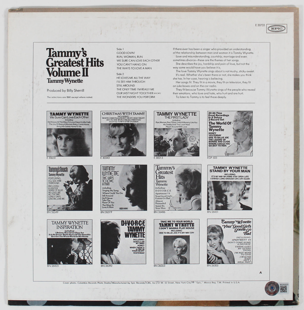Tammy Wynette Signed Tammy's Greatest Hits Volume II Album Cover BAS #BG83025