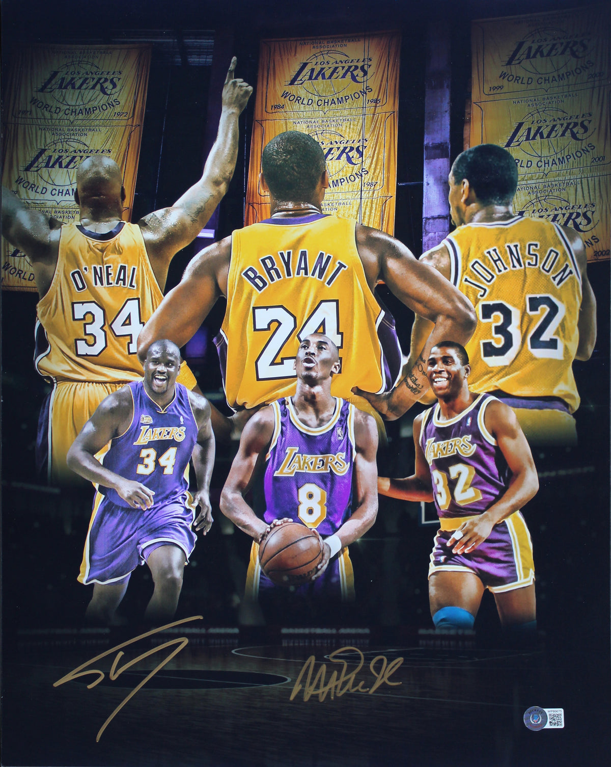 Lakers Magic Johnson & Shaquille O'Neal Signed 16x20 Photo BAS Witness #WP80675