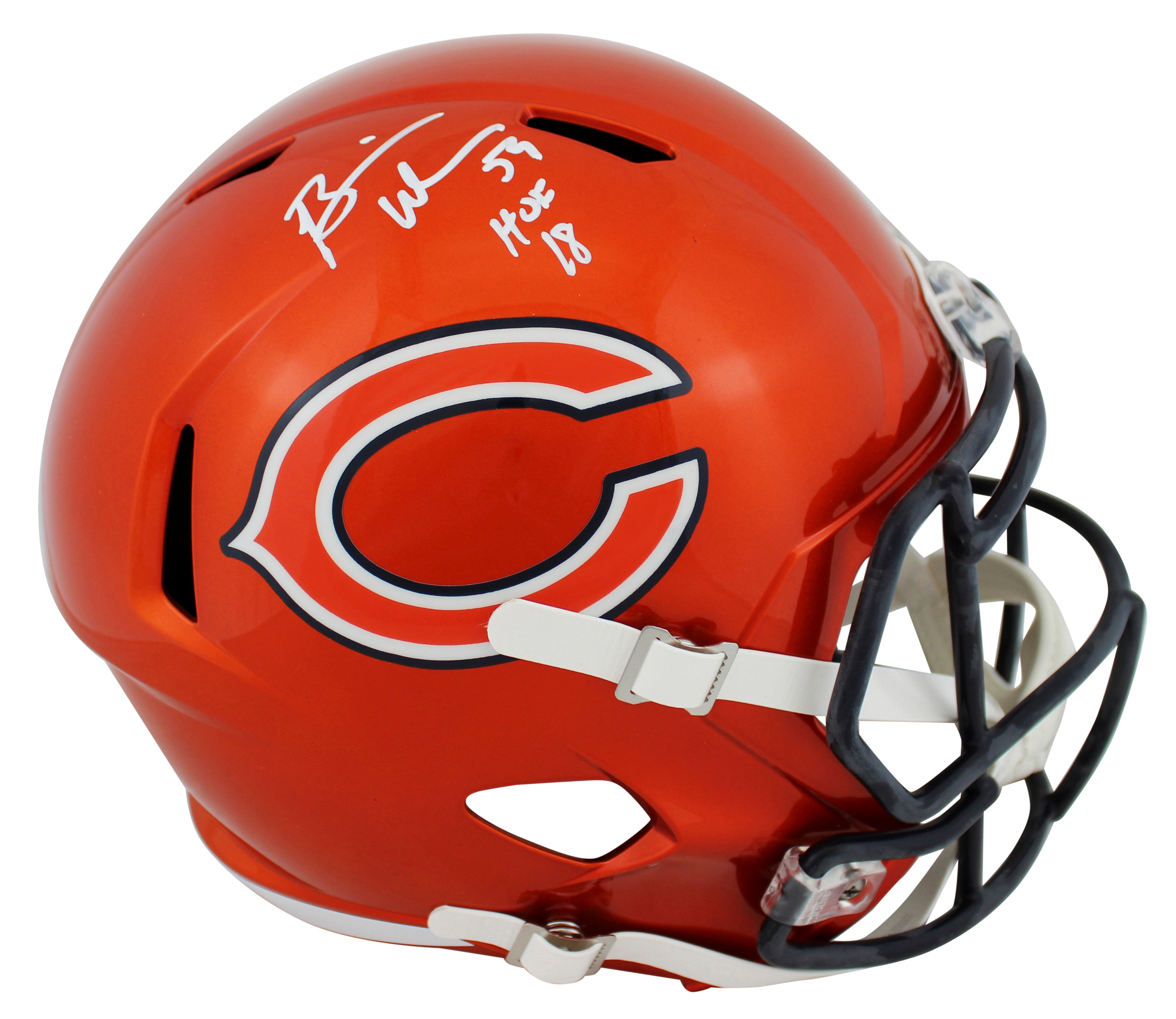Bears Brian Urlacher "HOF 18" Signed Flash Full Size Speed Rep Helmet BAS Wit