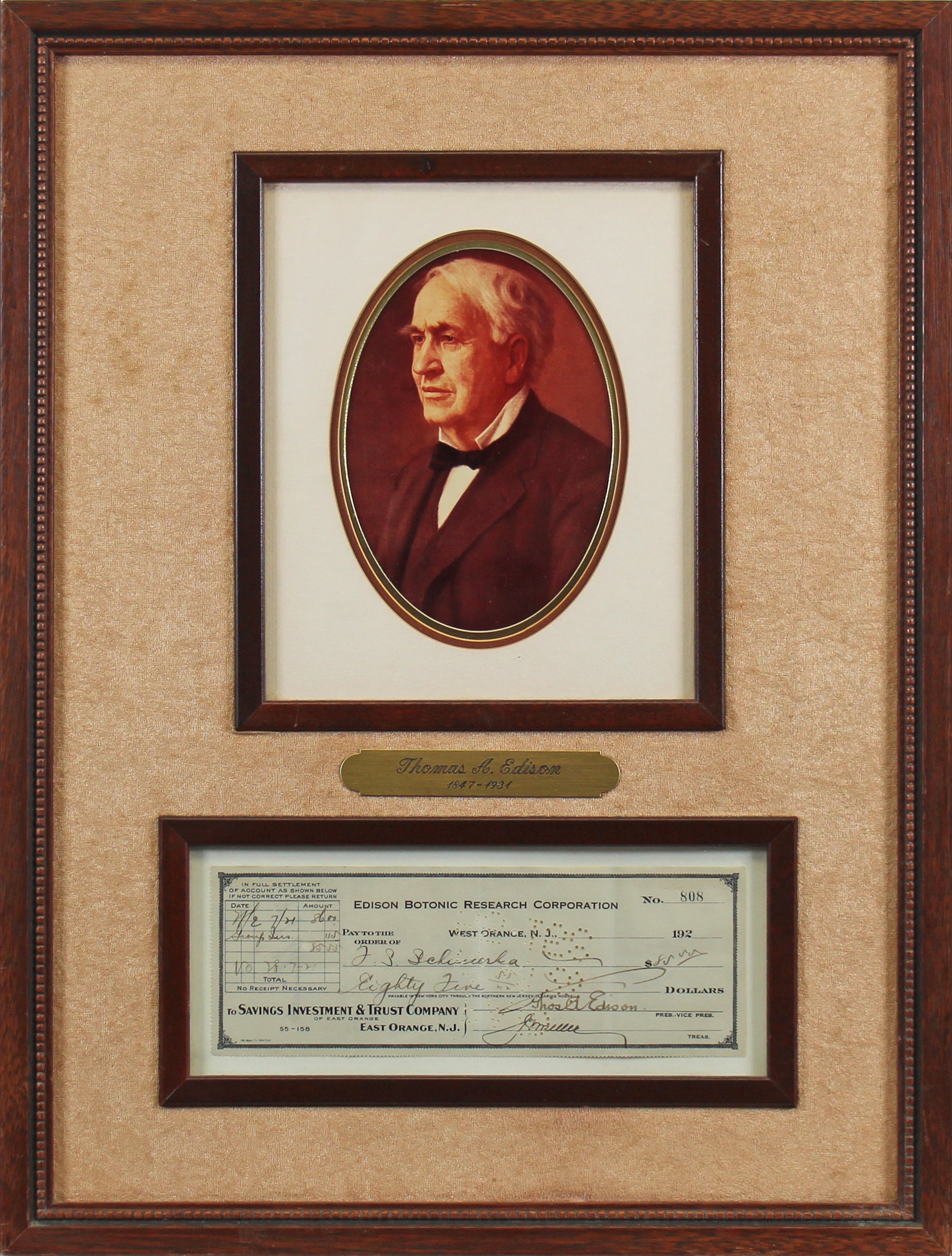 Thomas Edison Signed & Framed 3x8.5 Edison Botanic Research Corp Check BAS