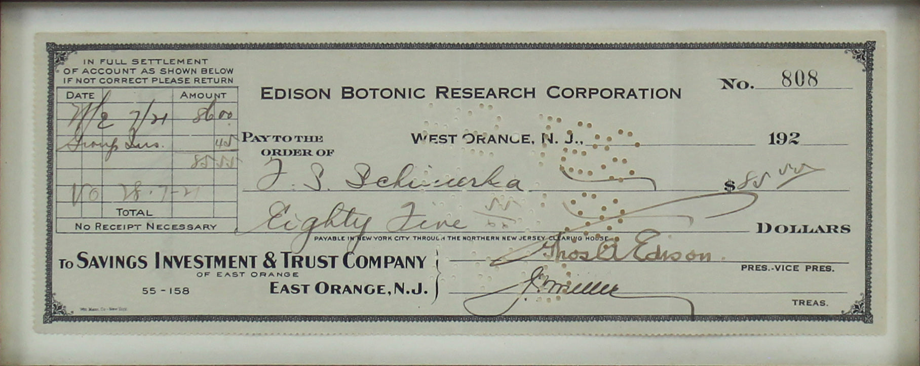 Thomas Edison Signed & Framed 3x8.5 Edison Botanic Research Corp Check BAS