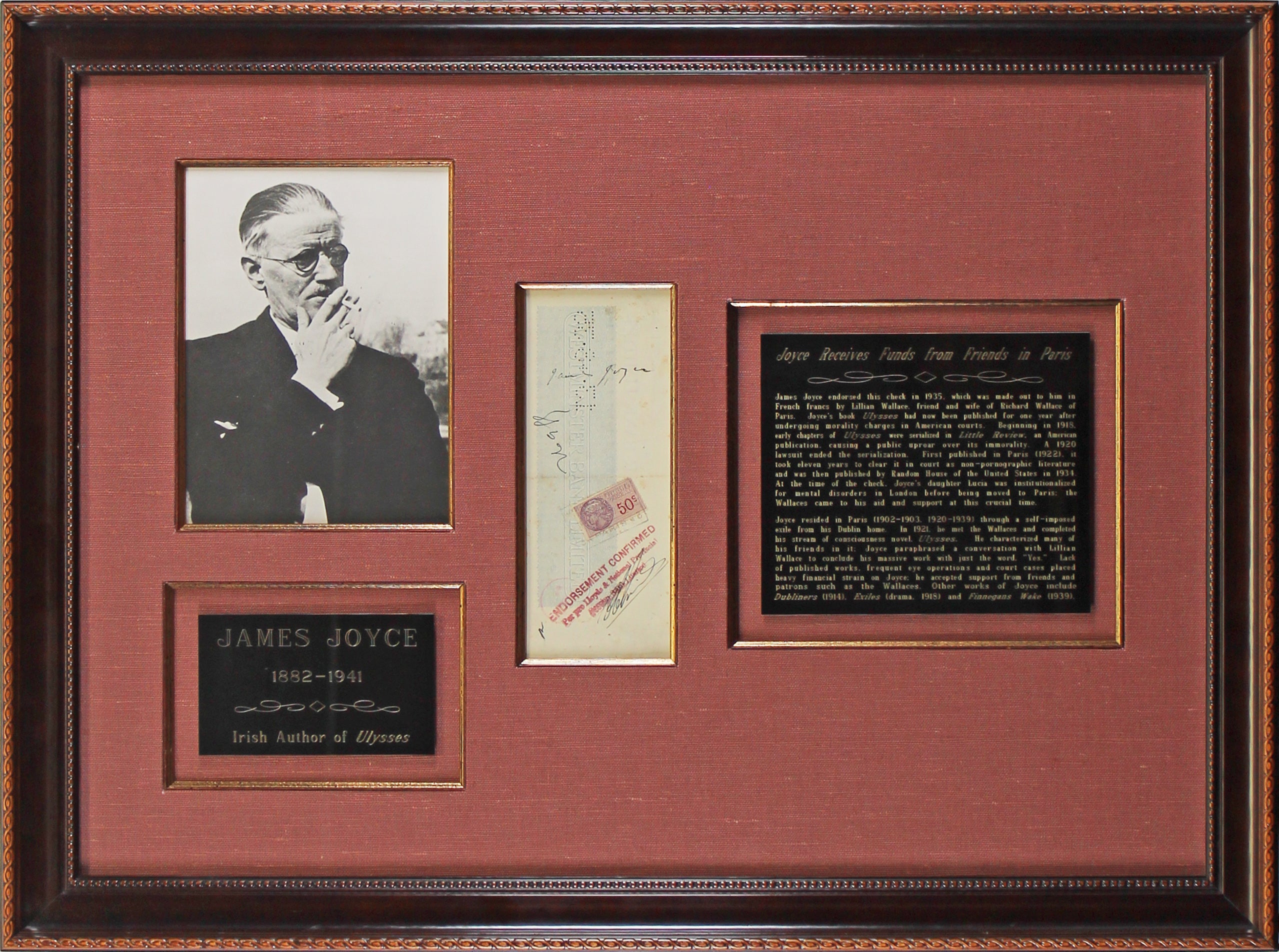 James Joyce Authentic Signed & Framed 3.25x8.25 Check Autographed BAS #AB14016