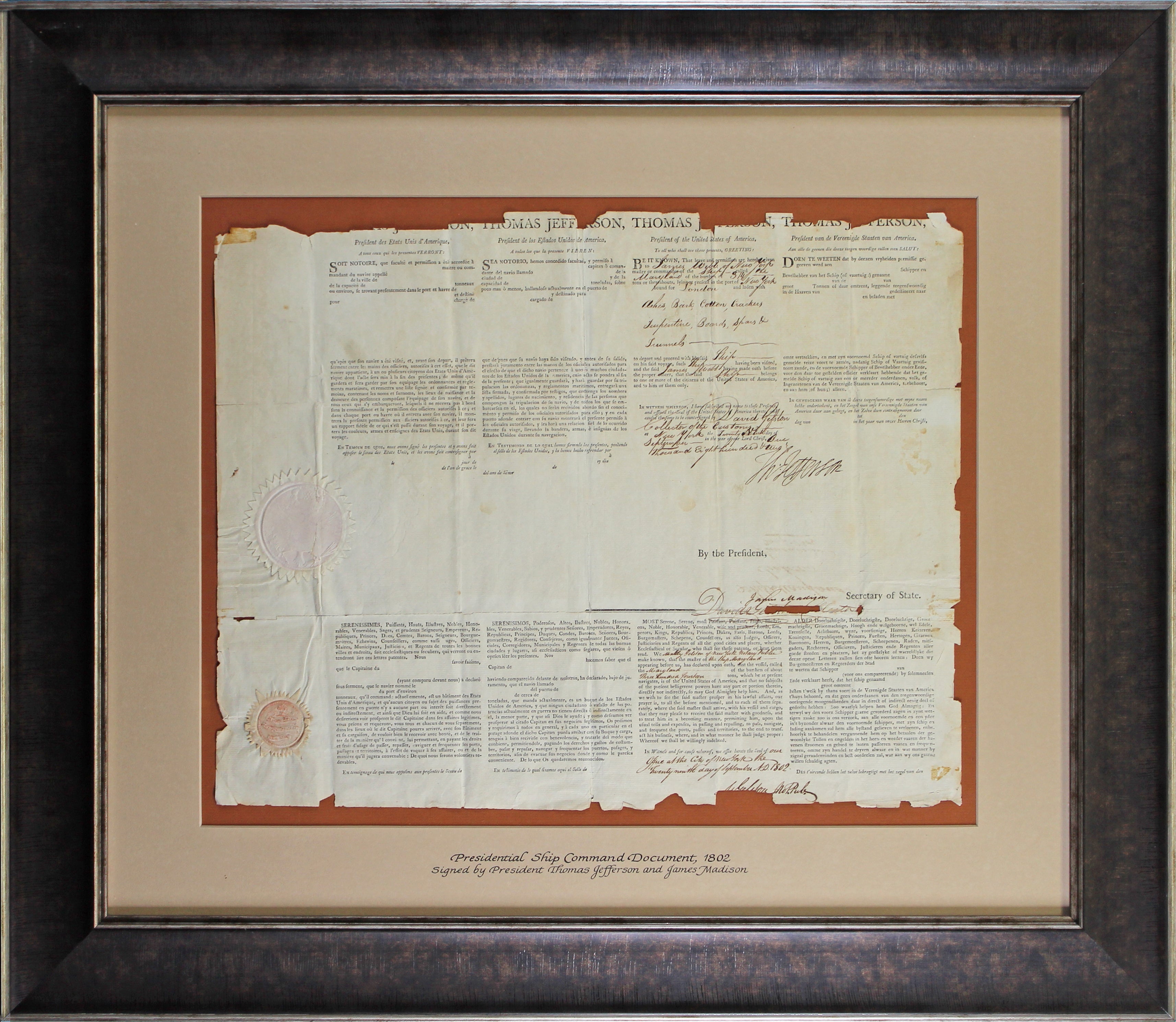 Thomas Jefferson & James Madison Signed & Framed 16x19.75 1802 Ship Passport JSA