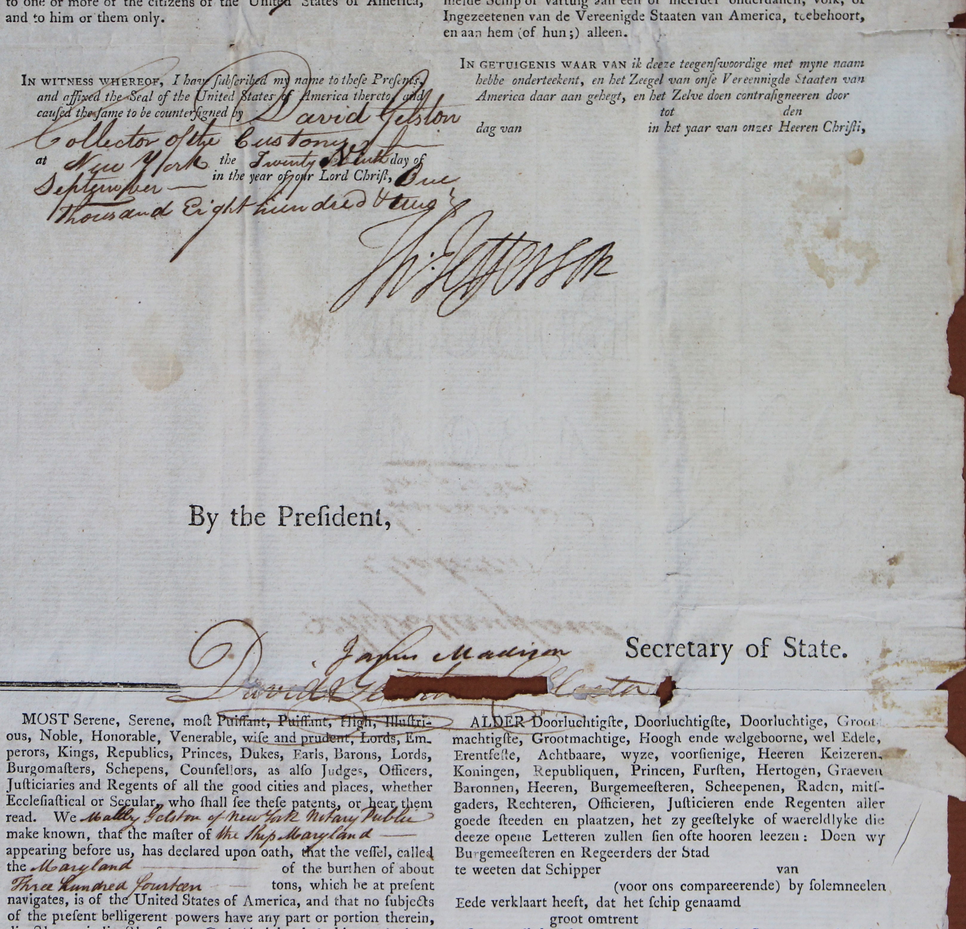 Thomas Jefferson & James Madison Signed & Framed 16x19.75 1802 Ship Passport JSA