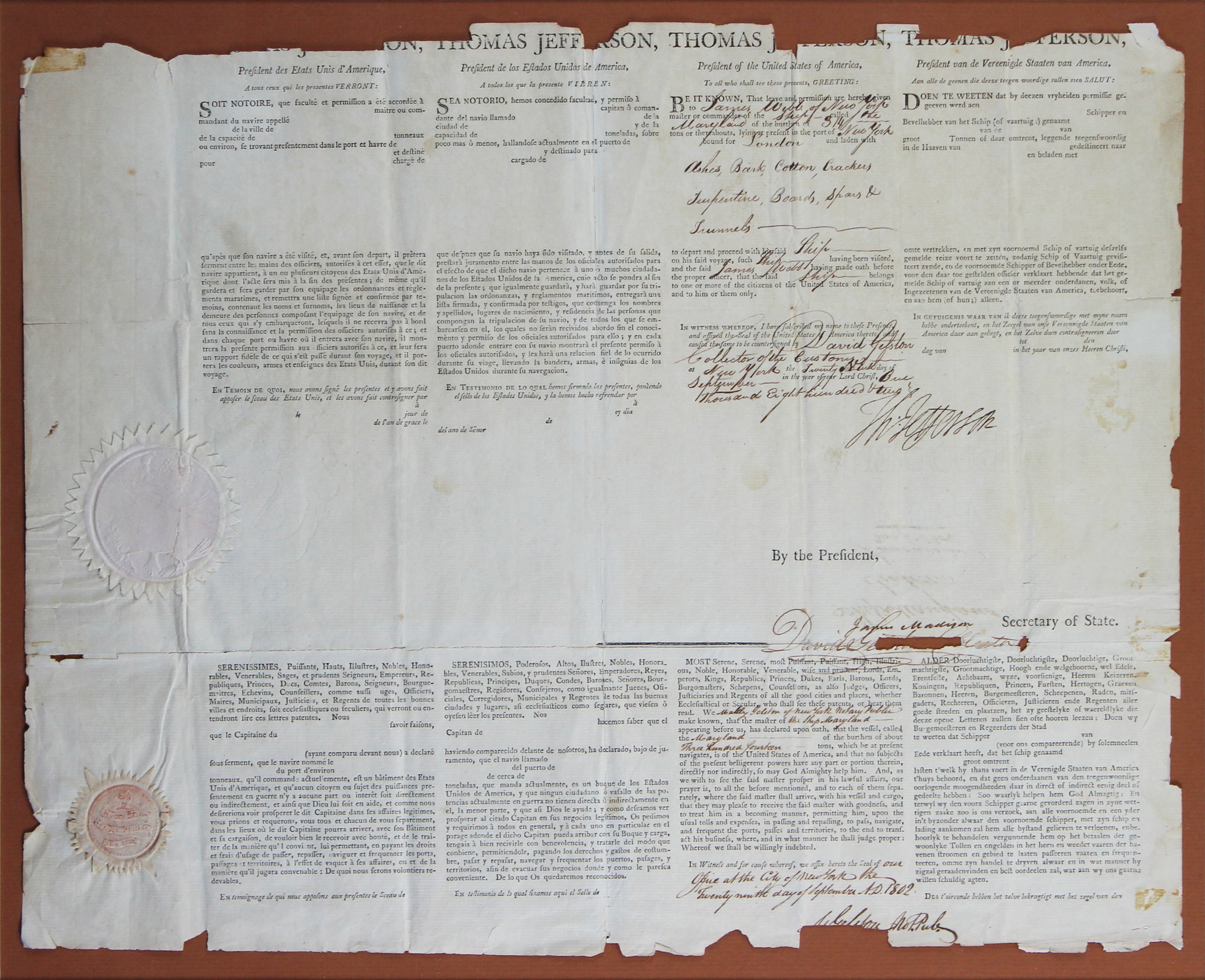 Thomas Jefferson & James Madison Signed & Framed 16x19.75 1802 Ship Passport JSA