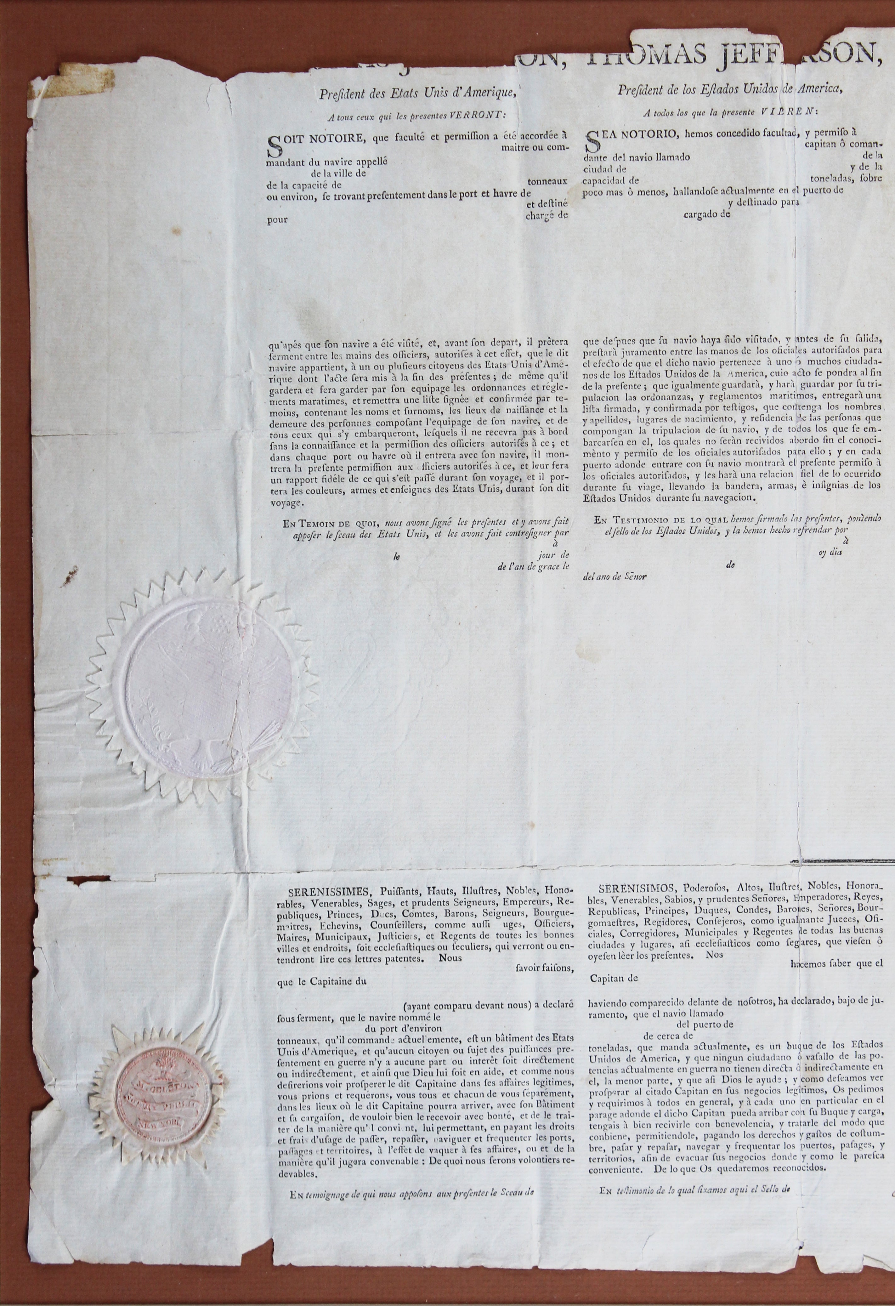 Thomas Jefferson & James Madison Signed & Framed 16x19.75 1802 Ship Passport JSA