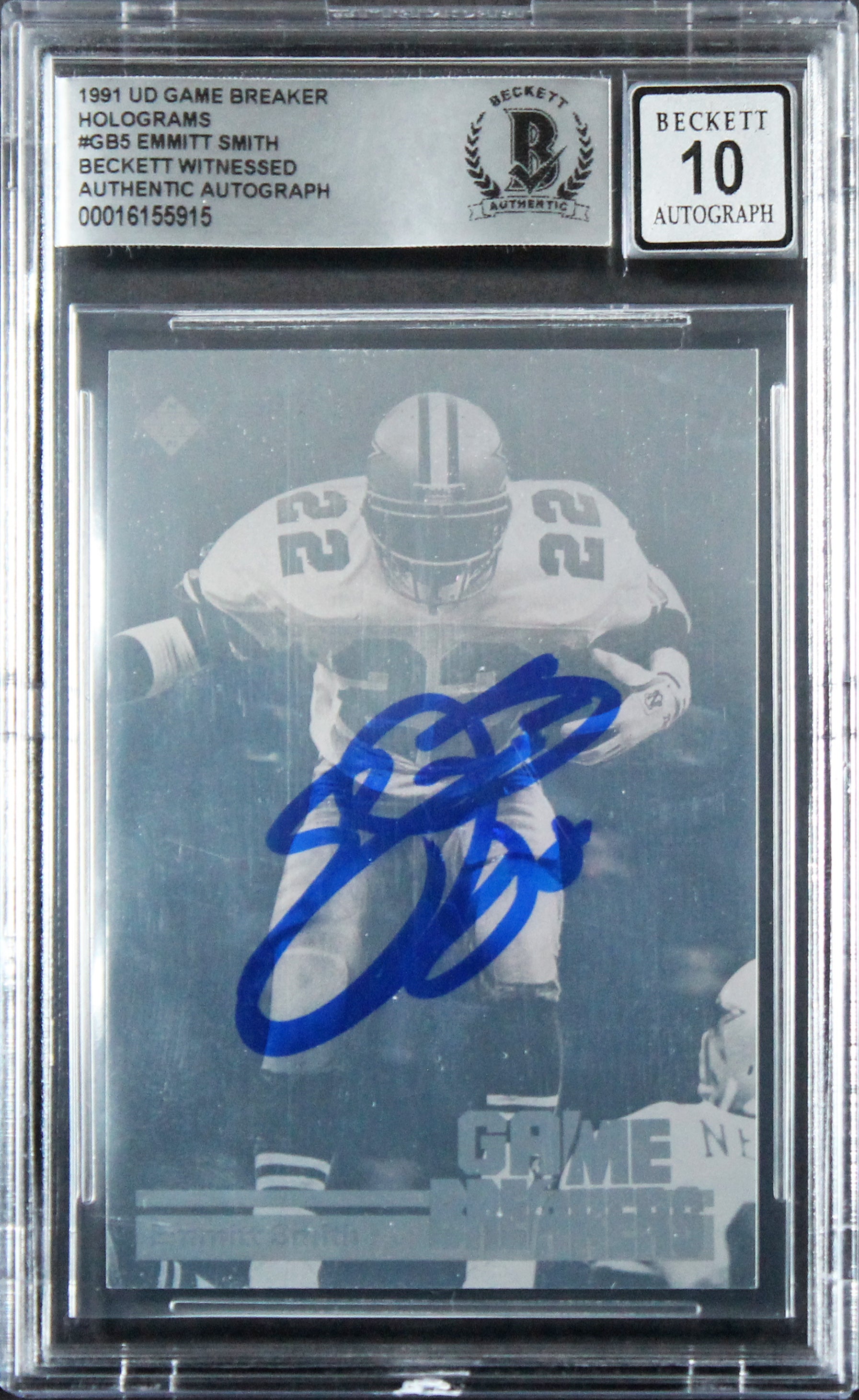 Cowboys Emmitt Smith Signed 1991 UD Game Breaker #GB5 Card Auto 10! BAS Slabbed
