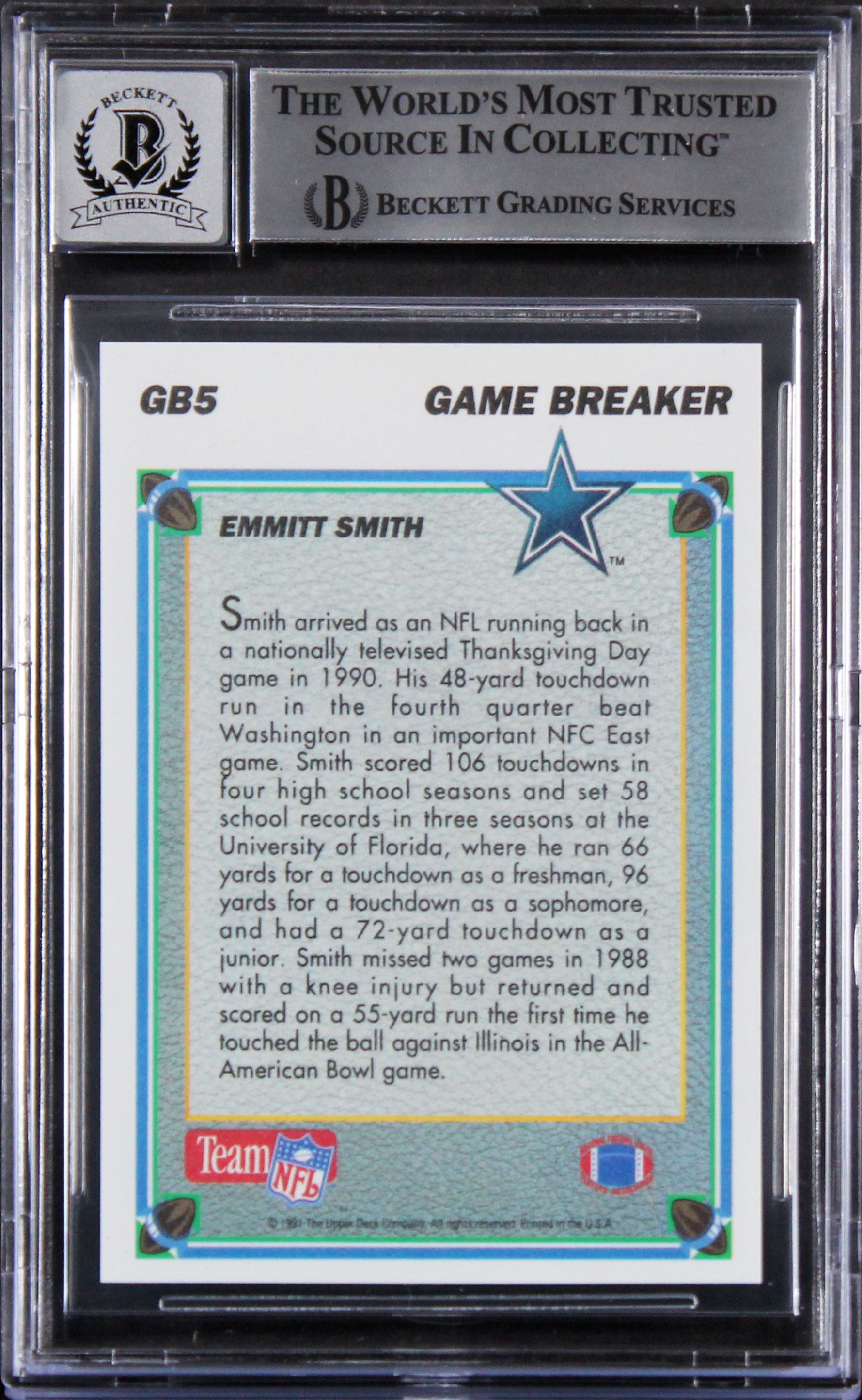 Cowboys Emmitt Smith Signed 1991 UD Game Breaker #GB5 Card Auto 10! BAS Slabbed