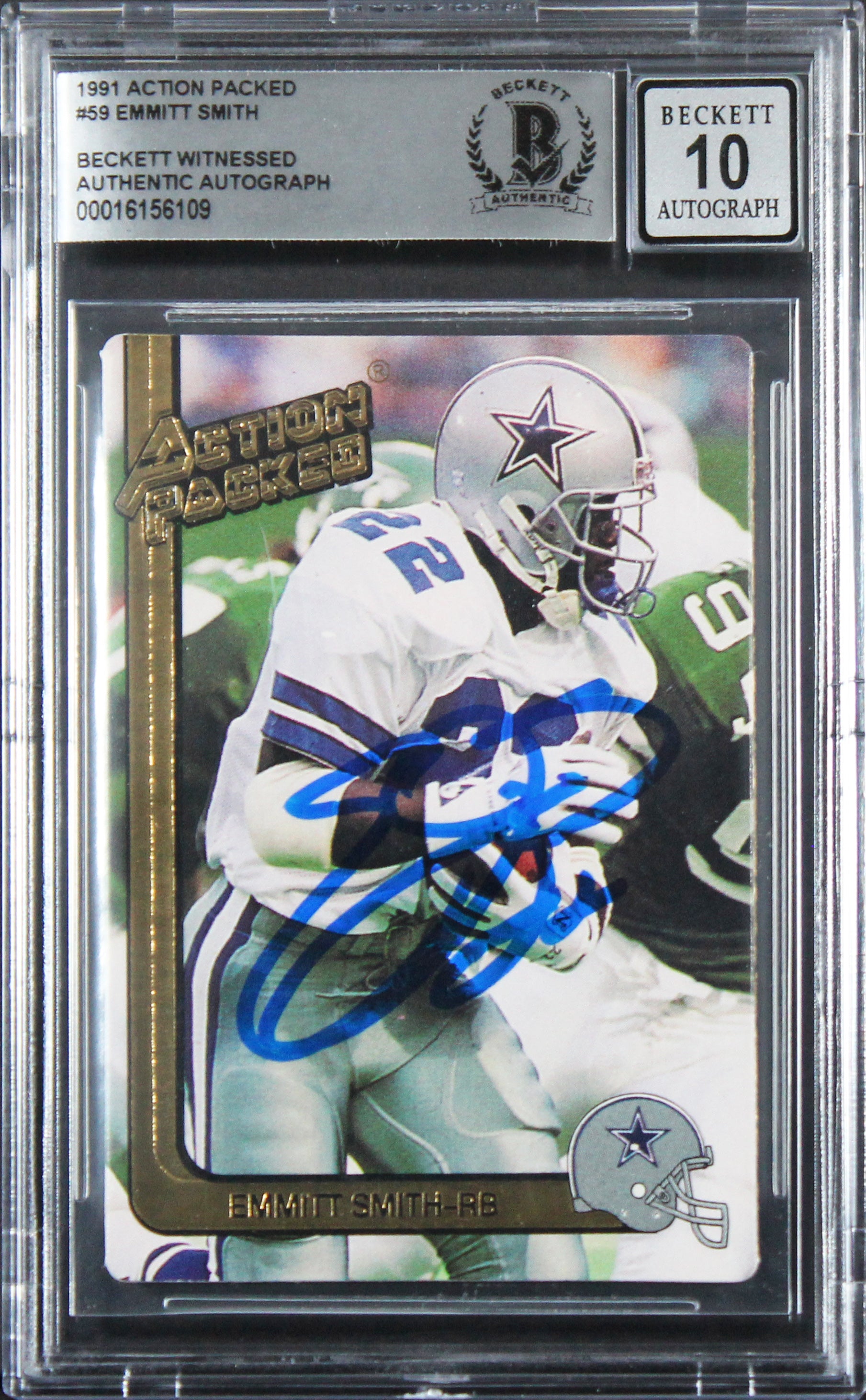 Cowboys Emmitt Smith Signed 1991 Action Packed #59 Card Auto 10! BAS Slabbed