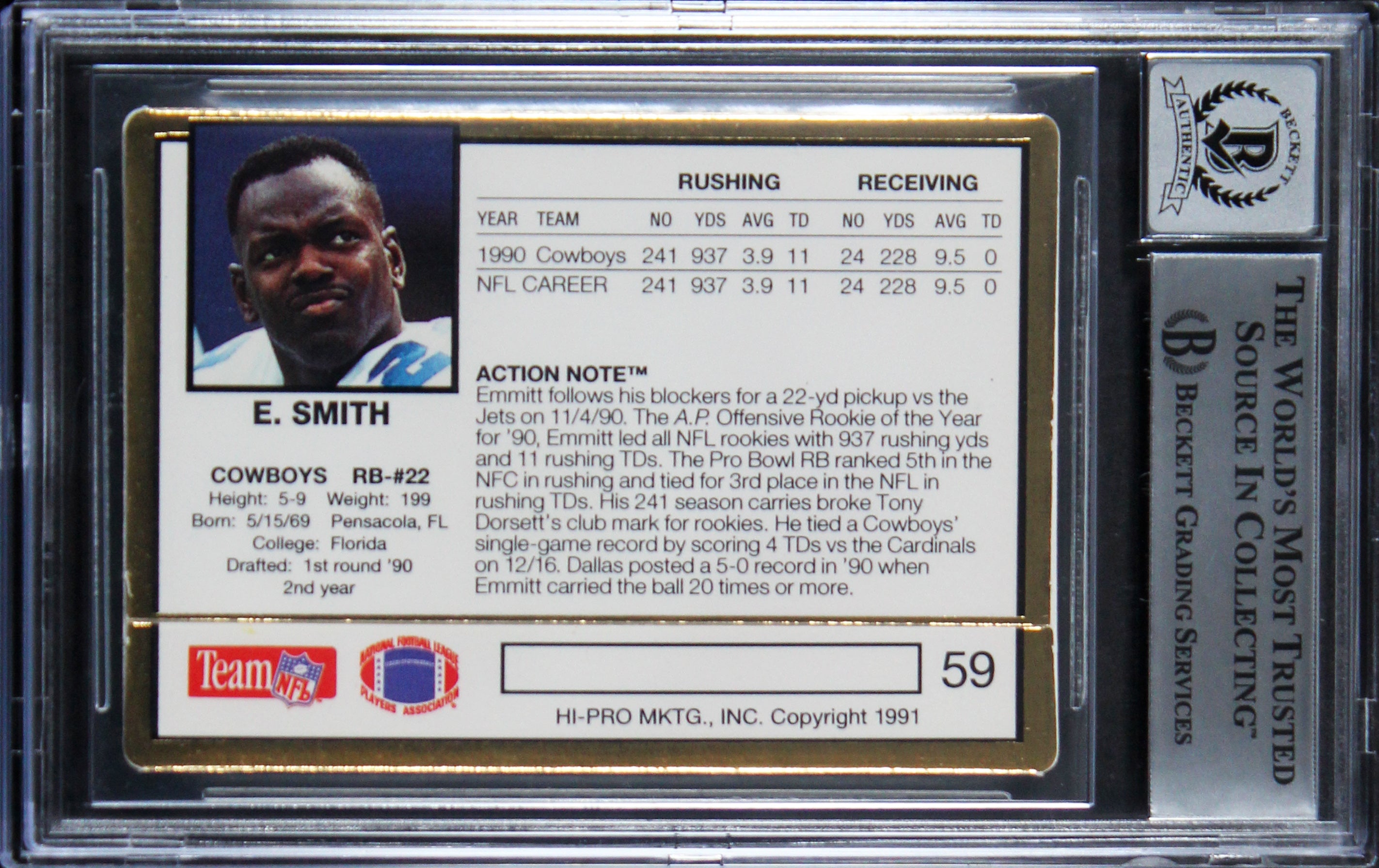 Cowboys Emmitt Smith Signed 1991 Action Packed #59 Card Auto 10! BAS Slabbed