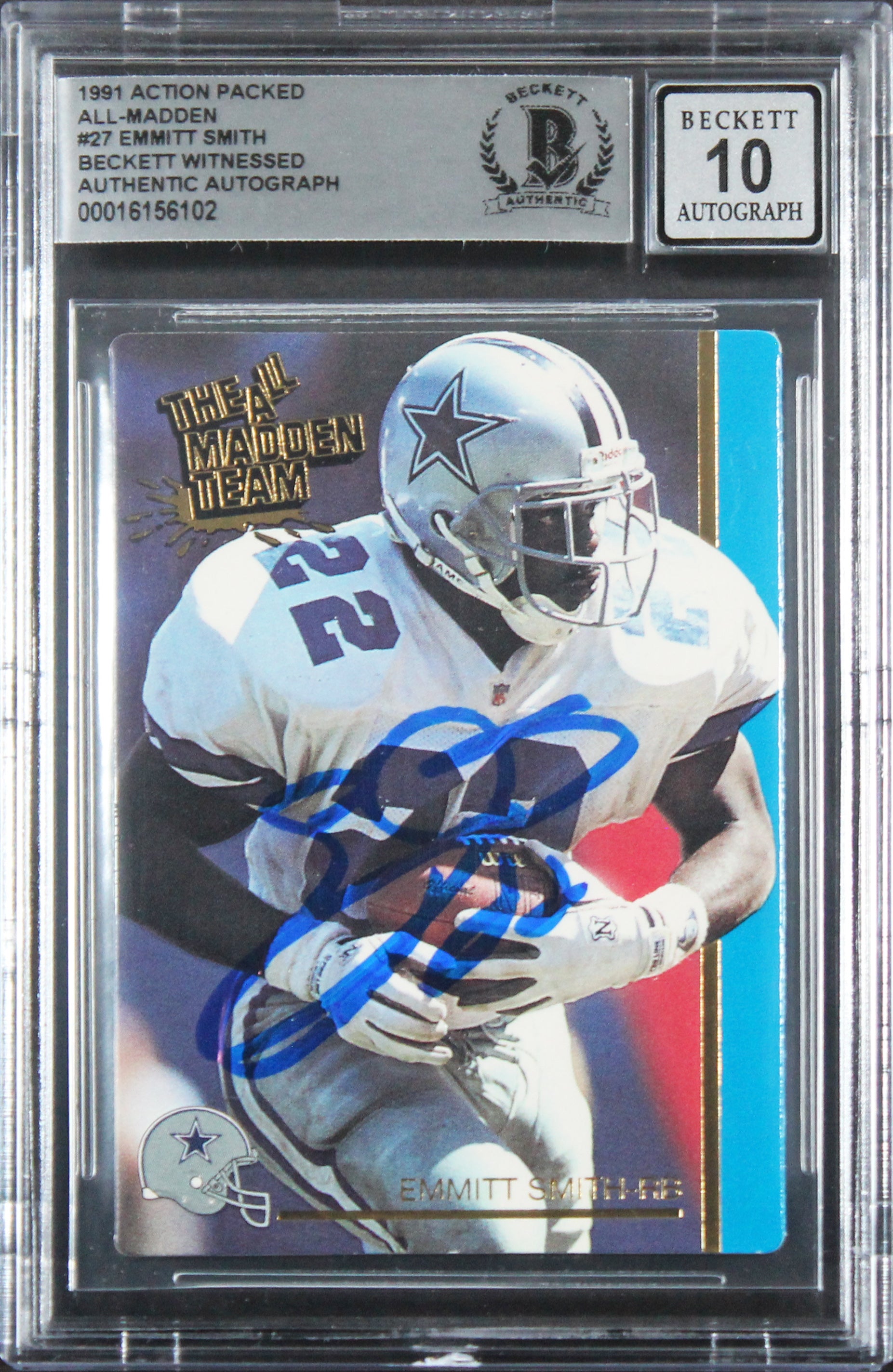 Cowboys Emmitt Smith Signed 1991 Action Packed AM #27 Card Auto 10! BAS Slabbed