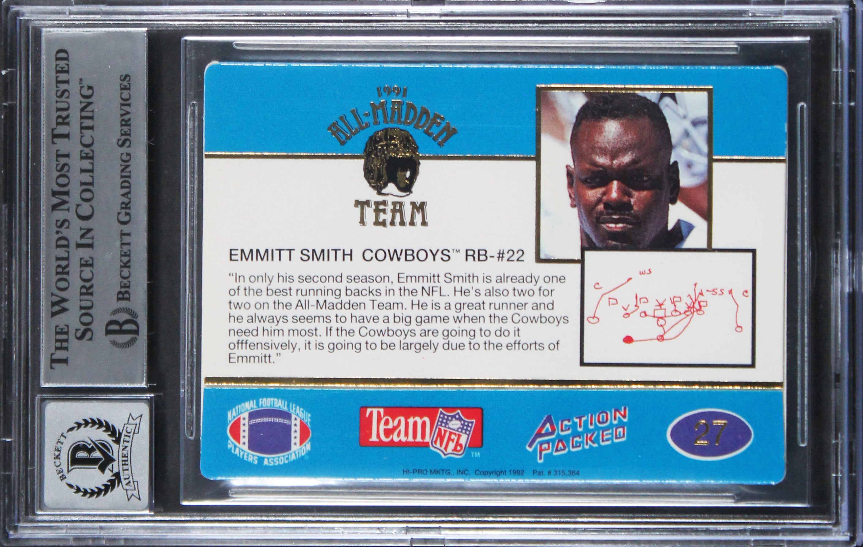 Cowboys Emmitt Smith Signed 1991 Action Packed AM #27 Card Auto 10! BAS Slabbed
