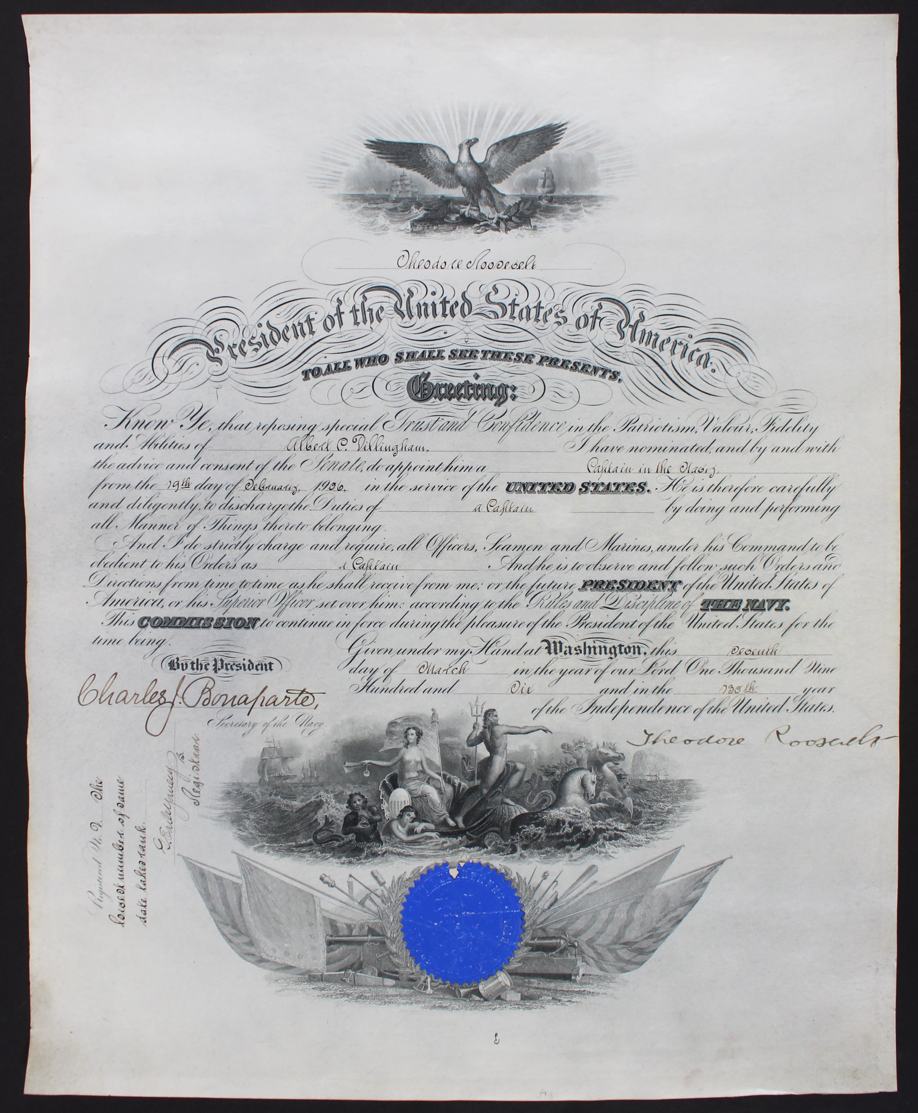 Theodore Roosevelt Signed 15.75x19.5 1906 Military Appointment BAS #AB14012