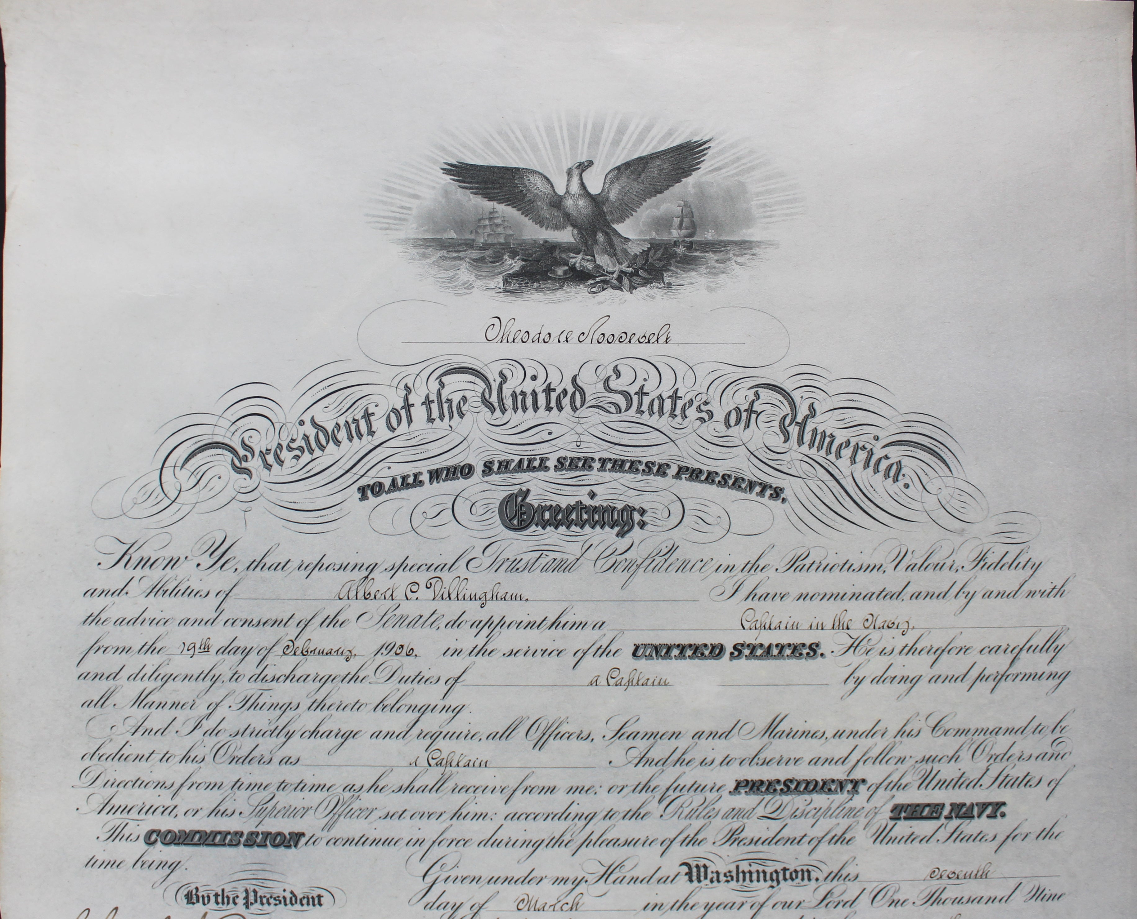 Theodore Roosevelt Signed 15.75x19.5 1906 Military Appointment BAS #AB14012