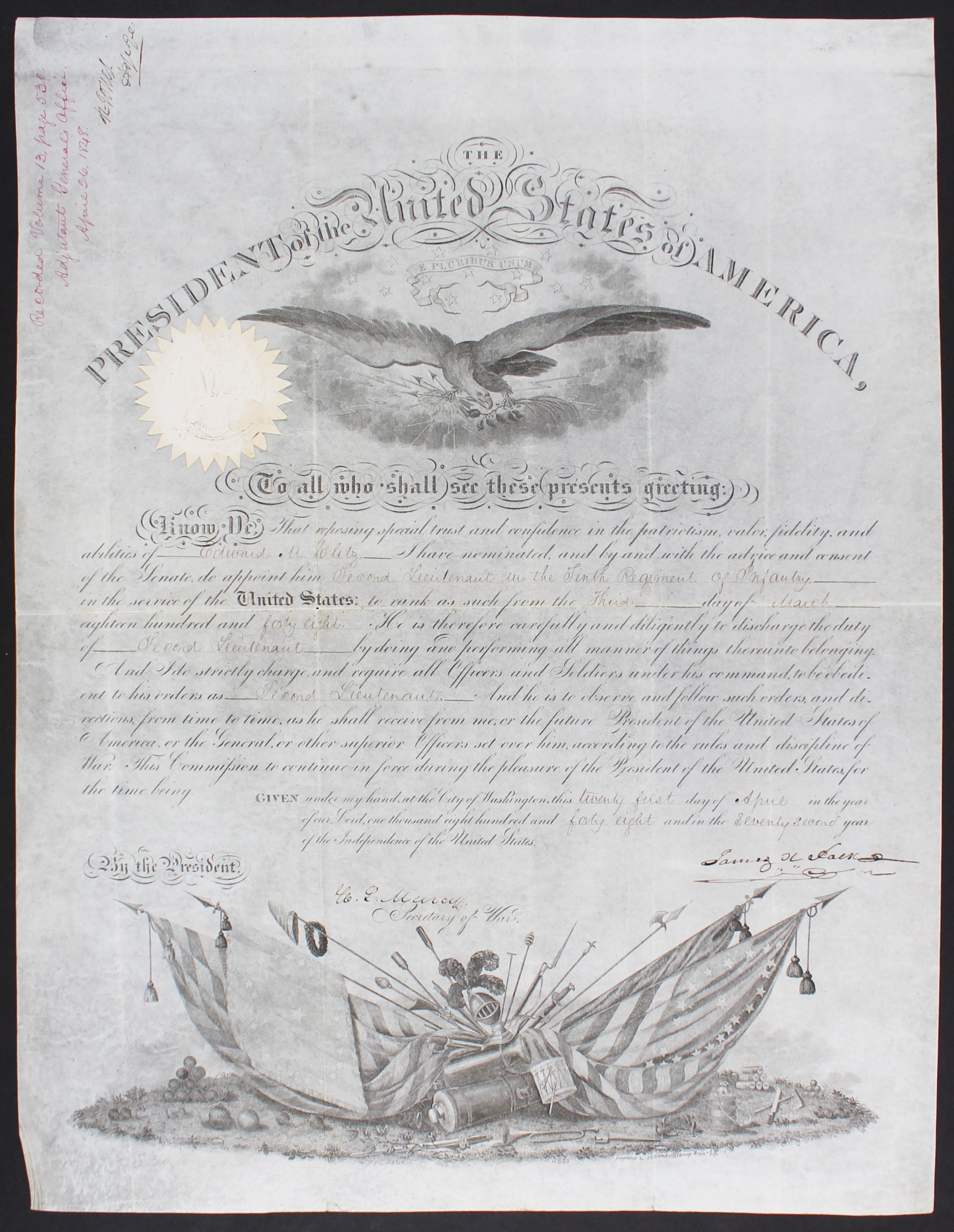 James K. Polk Authentic Signed 14x18.25 1848 Military Appointment BAS #AB14013