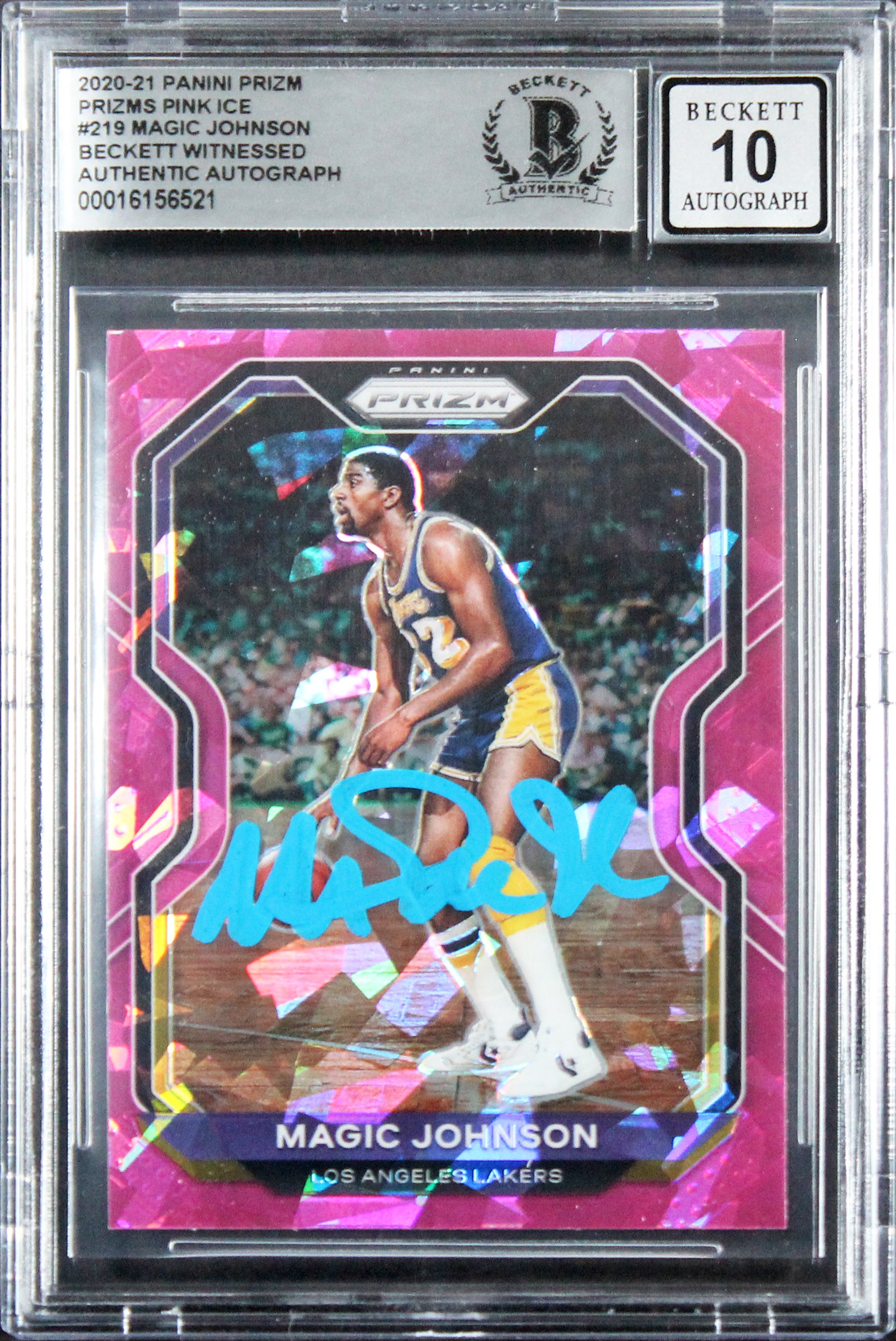 Lakers Magic Johnson Signed 2020 Panini Prizm Pink #219 Card Auto 10 BAS Slabbed