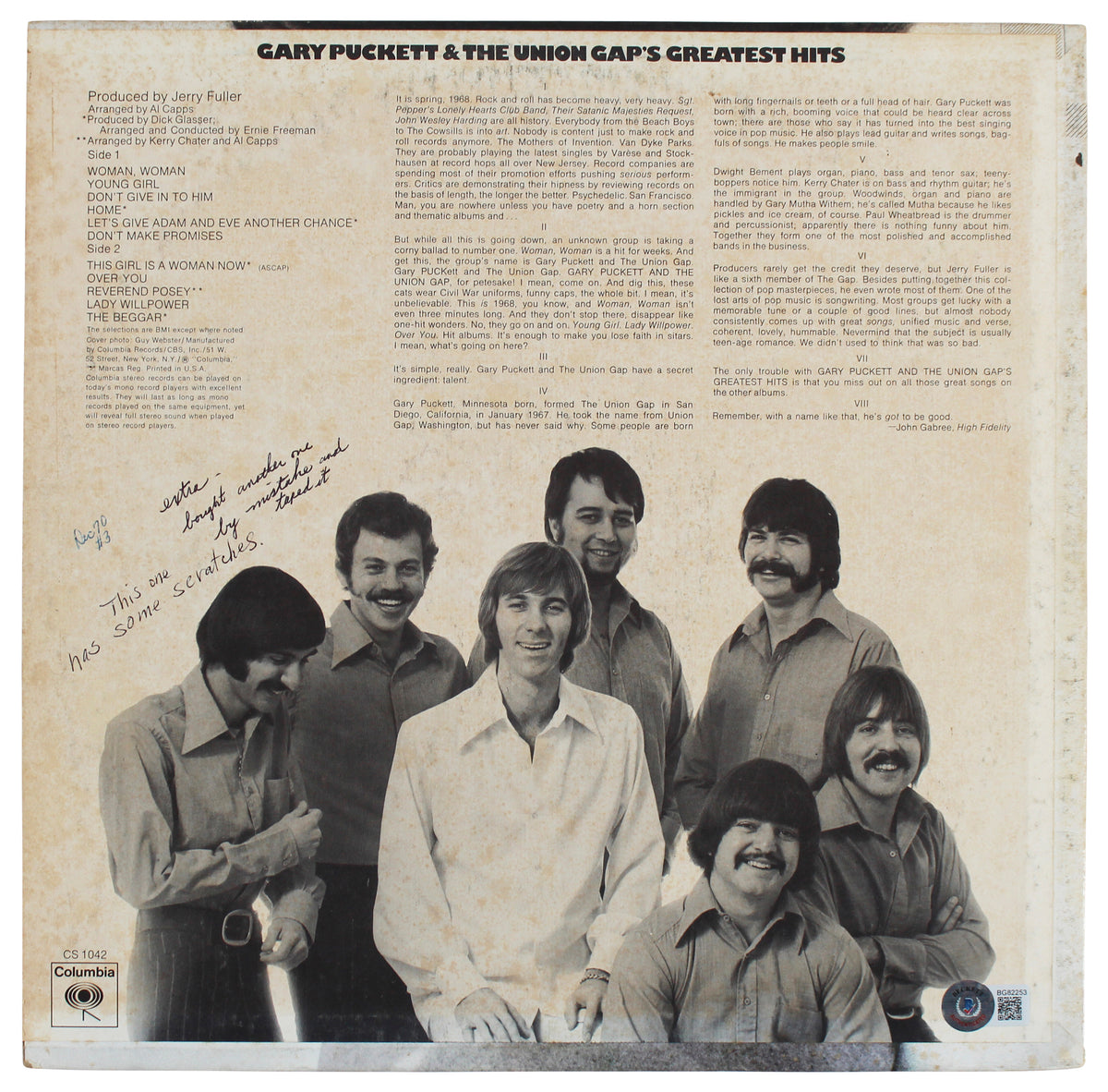 Gary Puckett The Union Gap's Signed Greatest Hits Album Cover BAS #BG82253