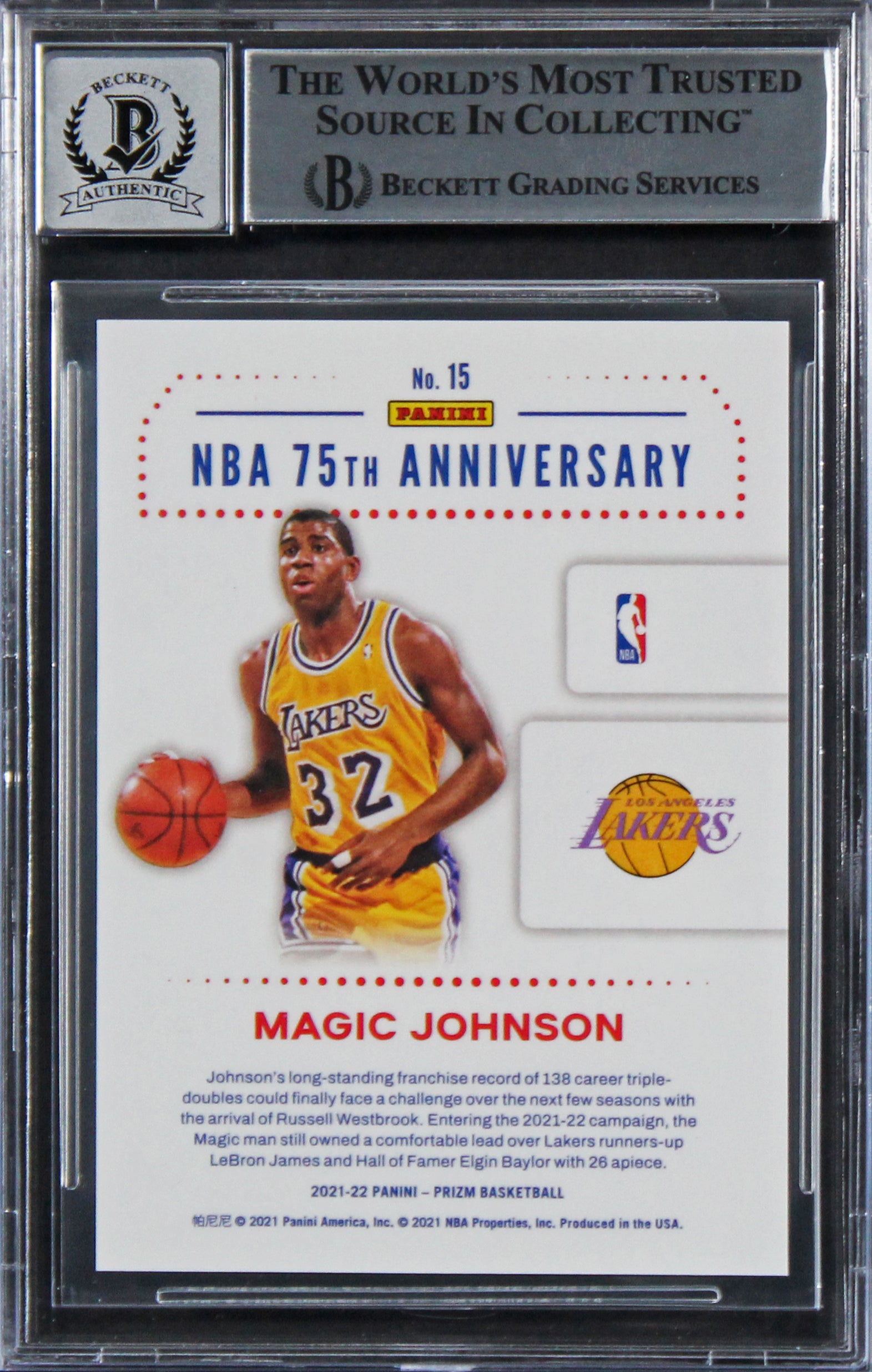 Lakers Magic Johnson Signed 2021 Panini Prizm 75th #15 Card Auto 10! BAS Slabbed