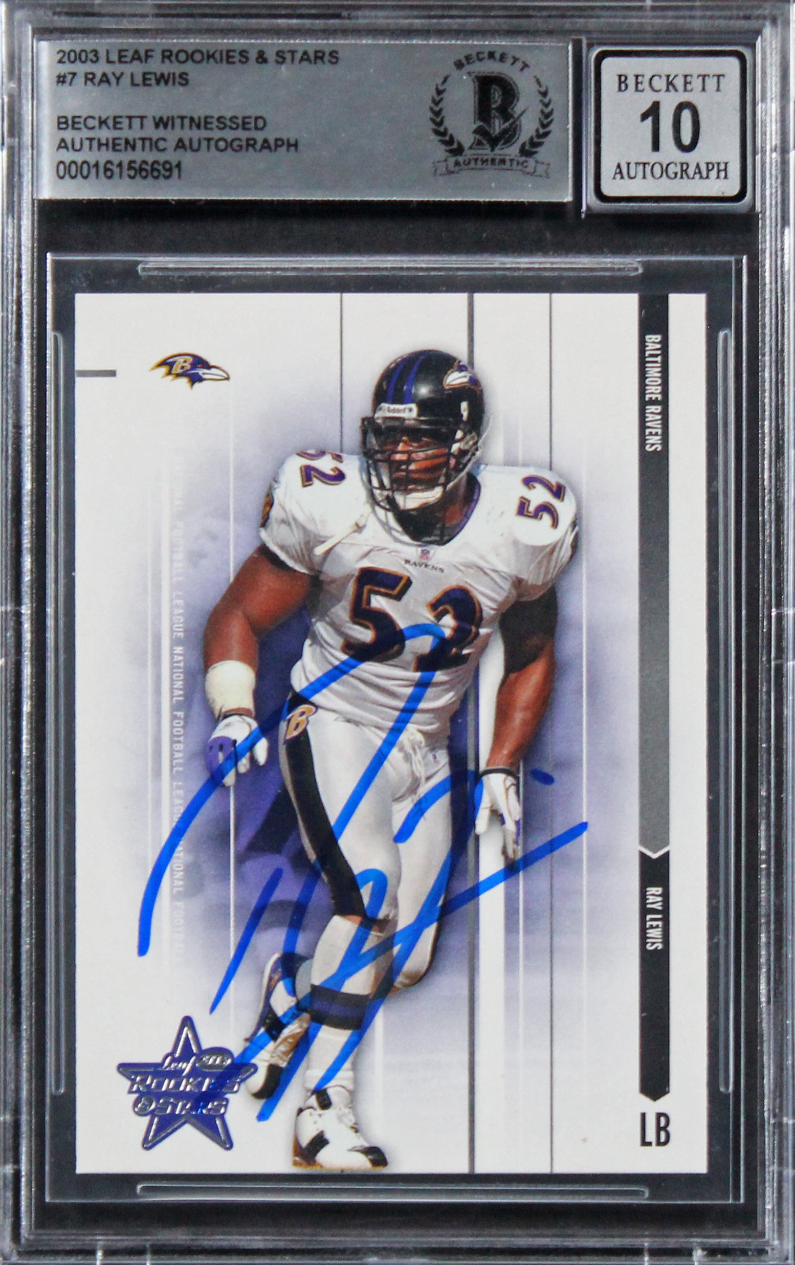 Ravens Ray Lewis Signed 2003 Leaf Rookies & Stars #7 Card Auto 10! BAS Slabbed