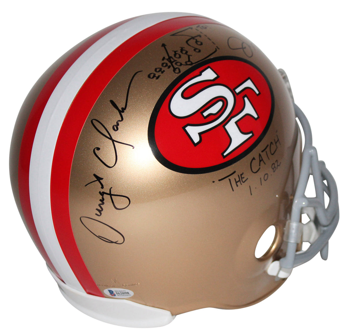 Joe Montana & Dwight Clark Signed F/S Rep Helmet W/ Hand Drawn Play BAS Witness