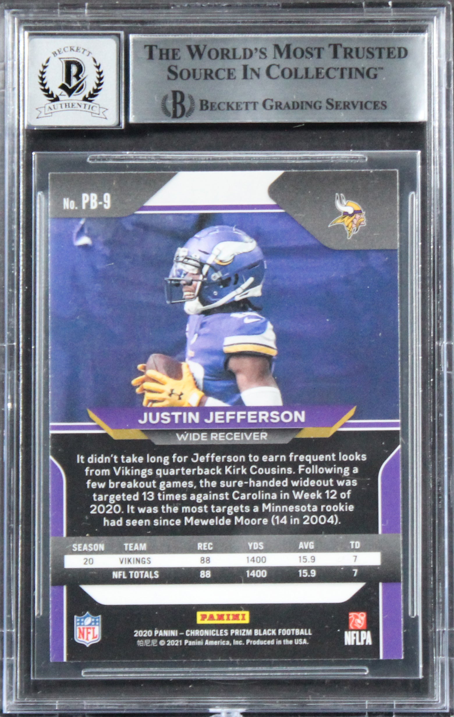 Vikings Justin Jefferson Signed 2020 Panini Prizm Black #9 RC Auto 10! BAS Slab