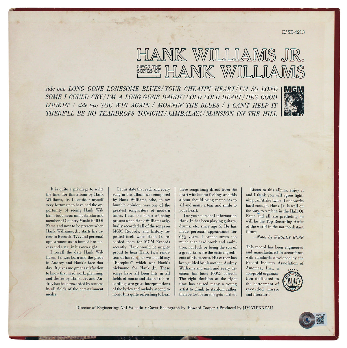 Hank Williams Jr. Signed Sings Songs Of Hank Williams Album Cover BAS #BG83141