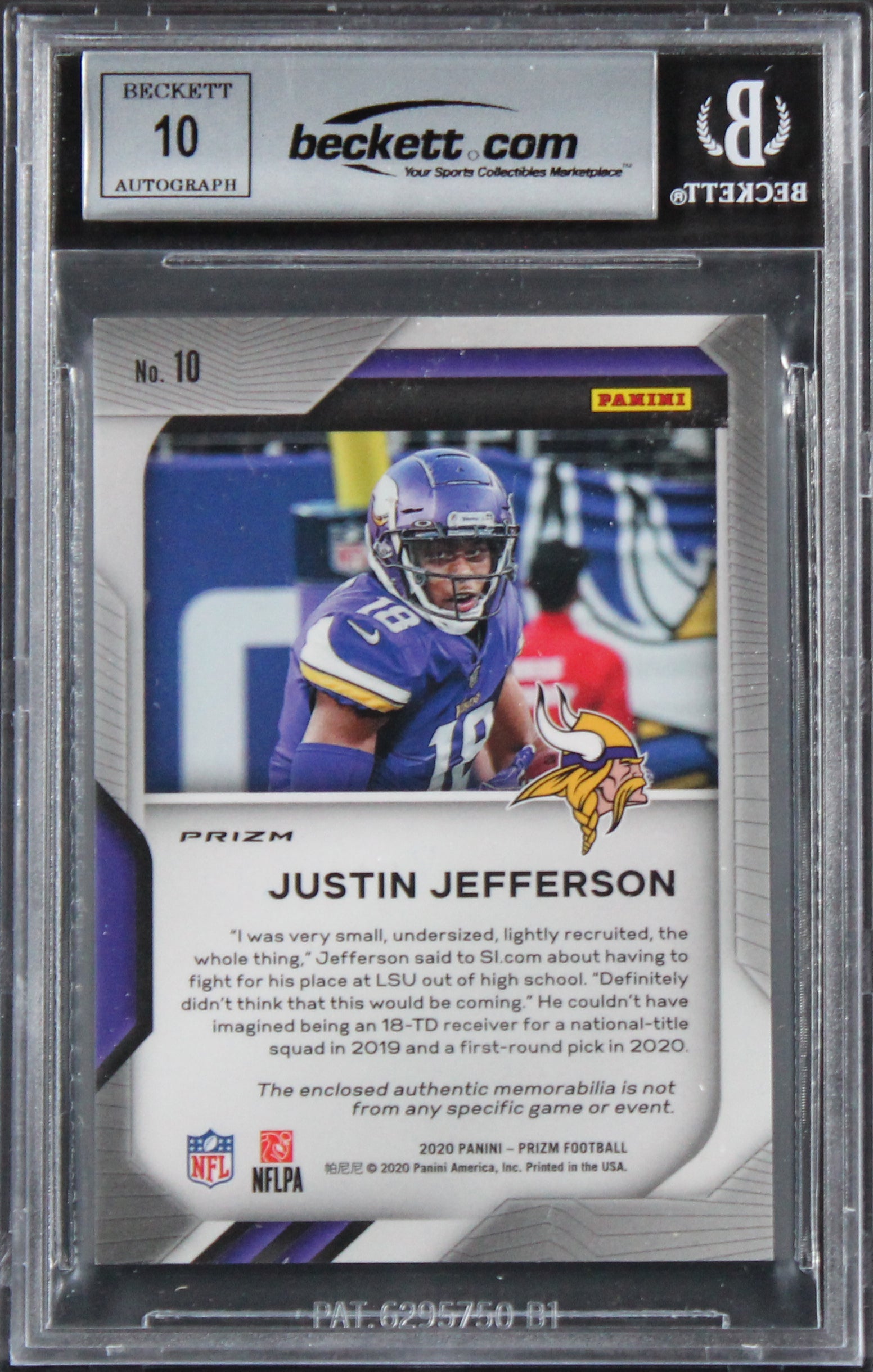 Vikings Justin Jefferson Signed 2020 Panini Prizm #10 RC Auto 10! BAS Slabbed