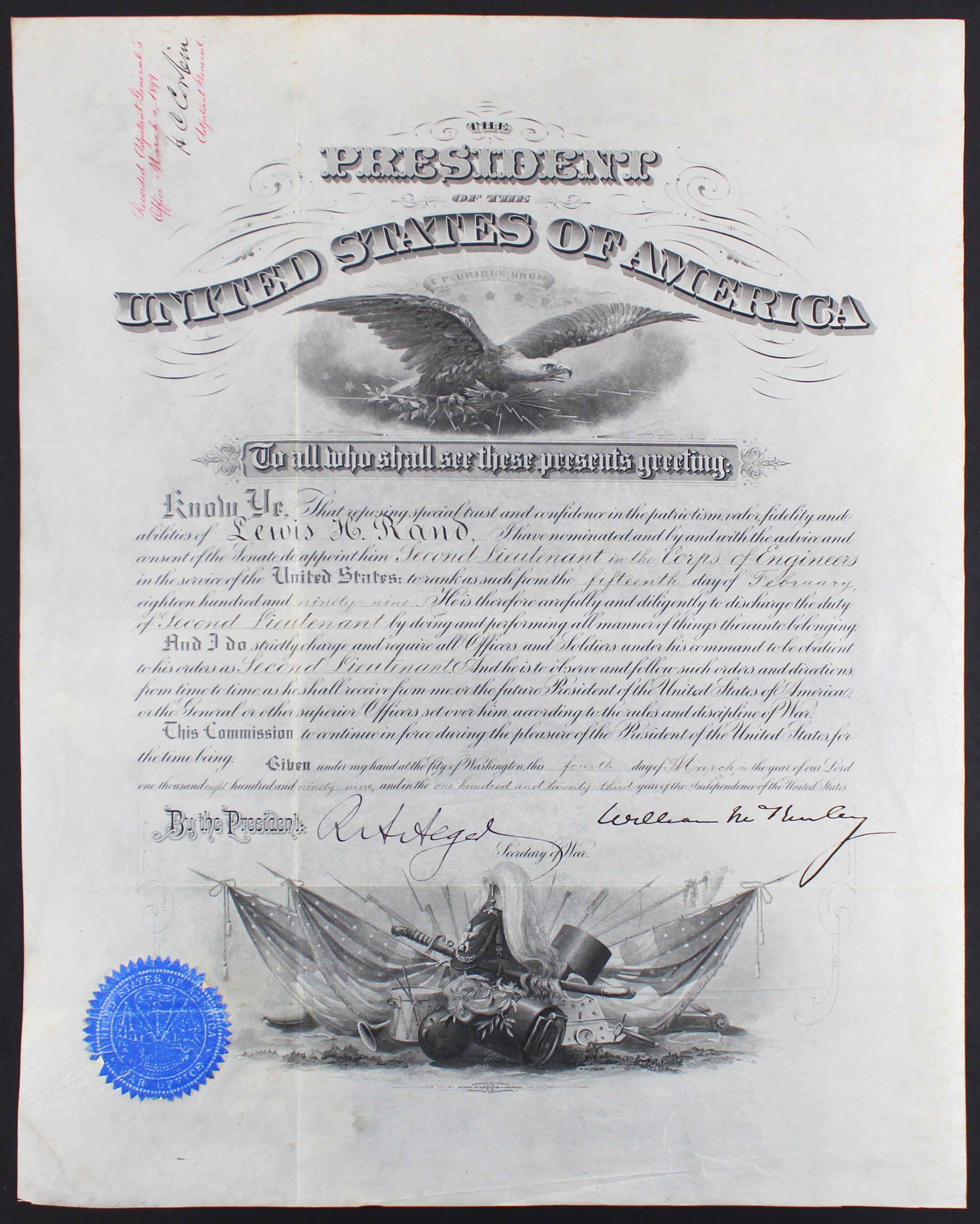 William McKinley Authentic Signed 15.5x19.5 1899 Military Appointment JSA
