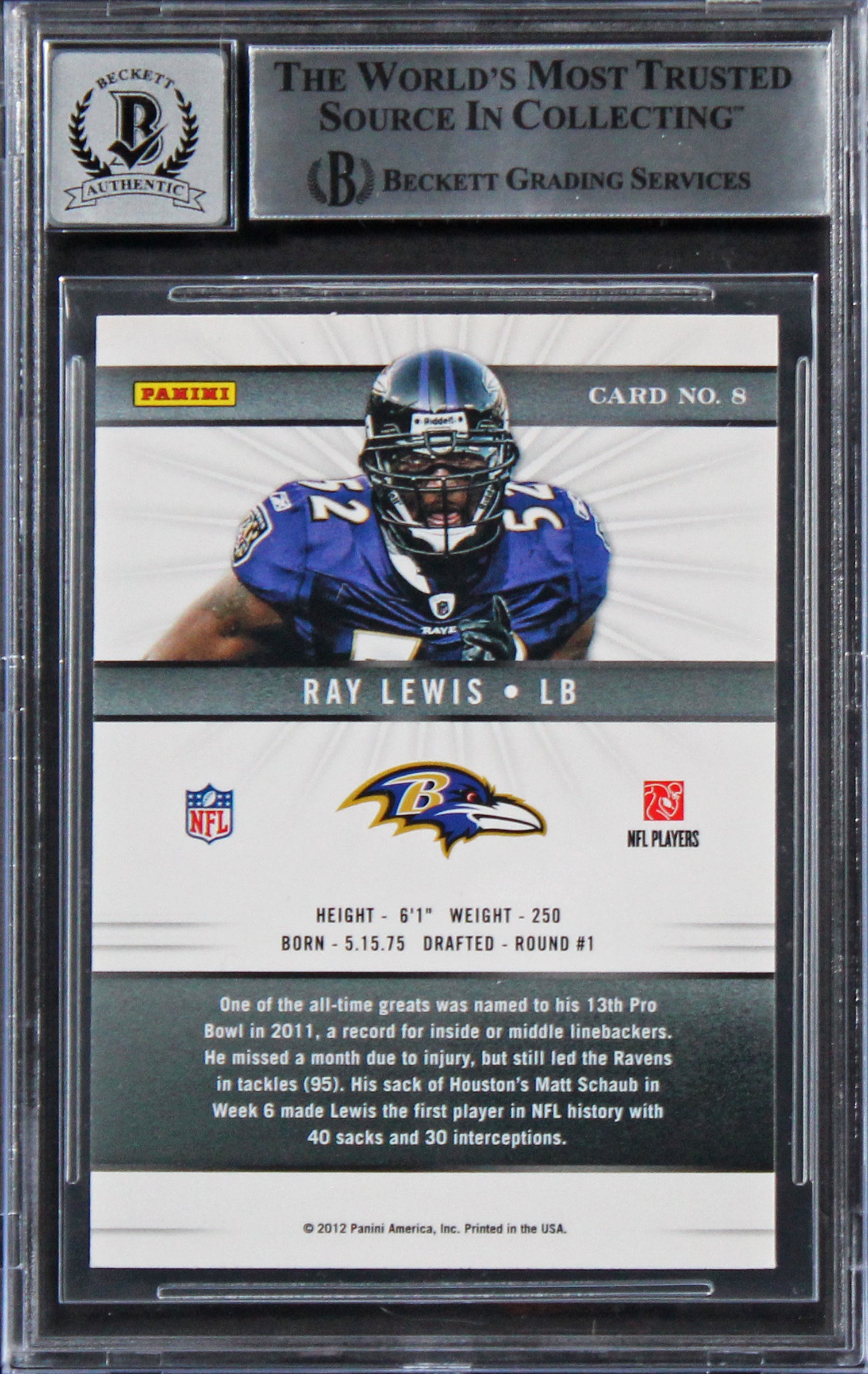 Ravens Ray Lewis Authentic Signed 2012 Elite #8 Card Auto 10! BAS Slabbed