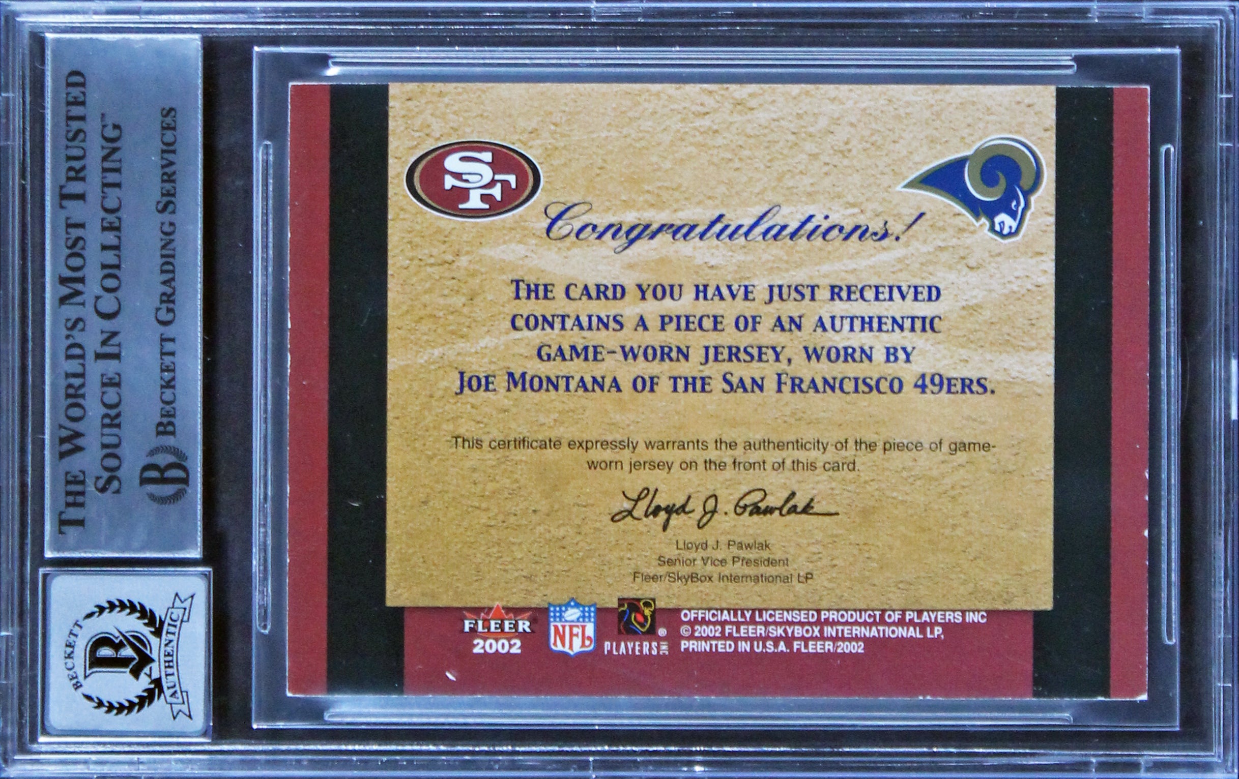 Joe Montana & Kurt Warner Signed 2002 Fleer Trad. #23 Card Auto 10! BAS Slab 2