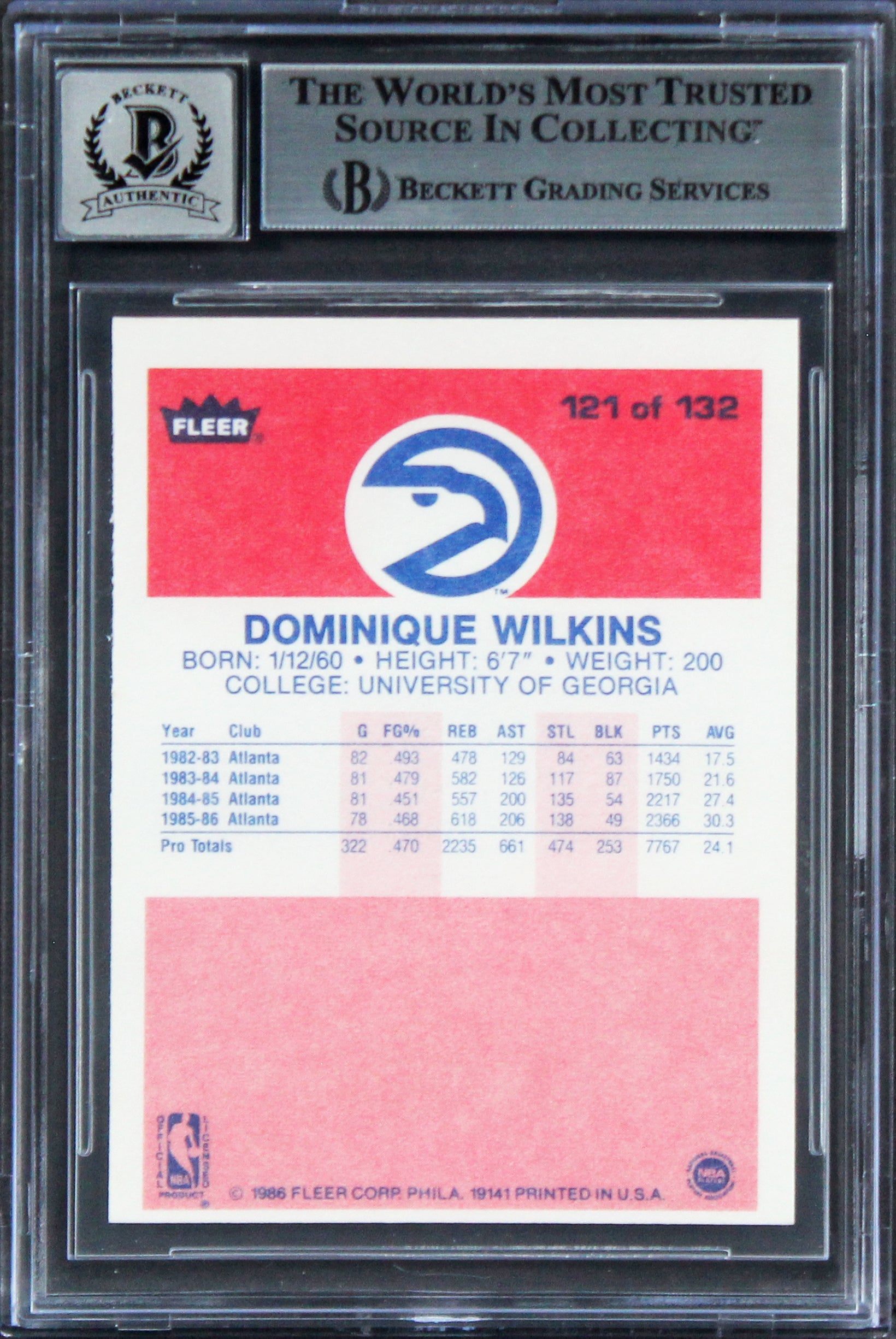 Hawks Dominique Wilkins "HOF" Signed 1986 Fleer #121 RC Card Auto 10! BAS Slab 2