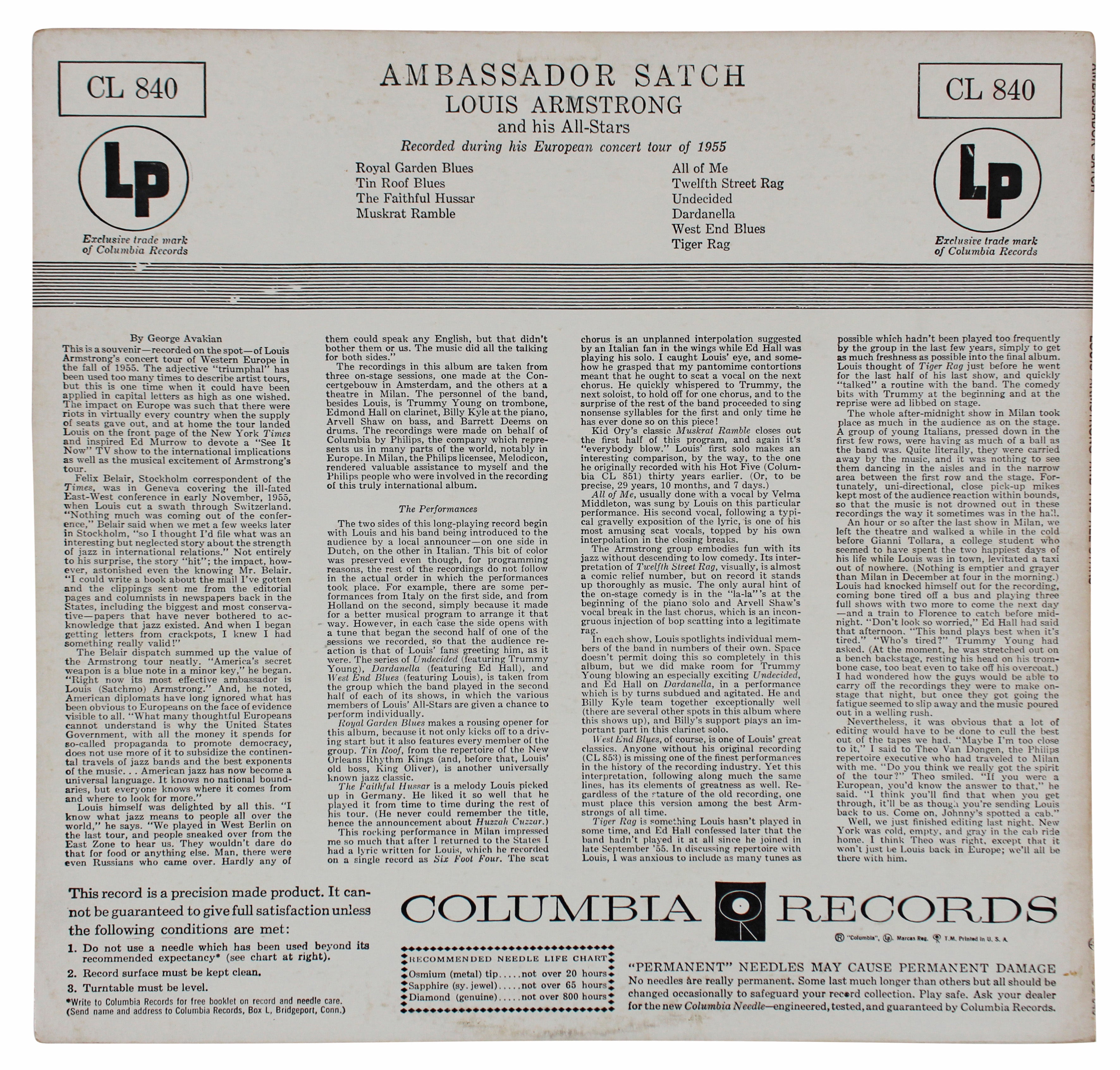 Louis Armstrong "Satchimo" Signed Ambassador Satch Album Cover JSA #XX99242