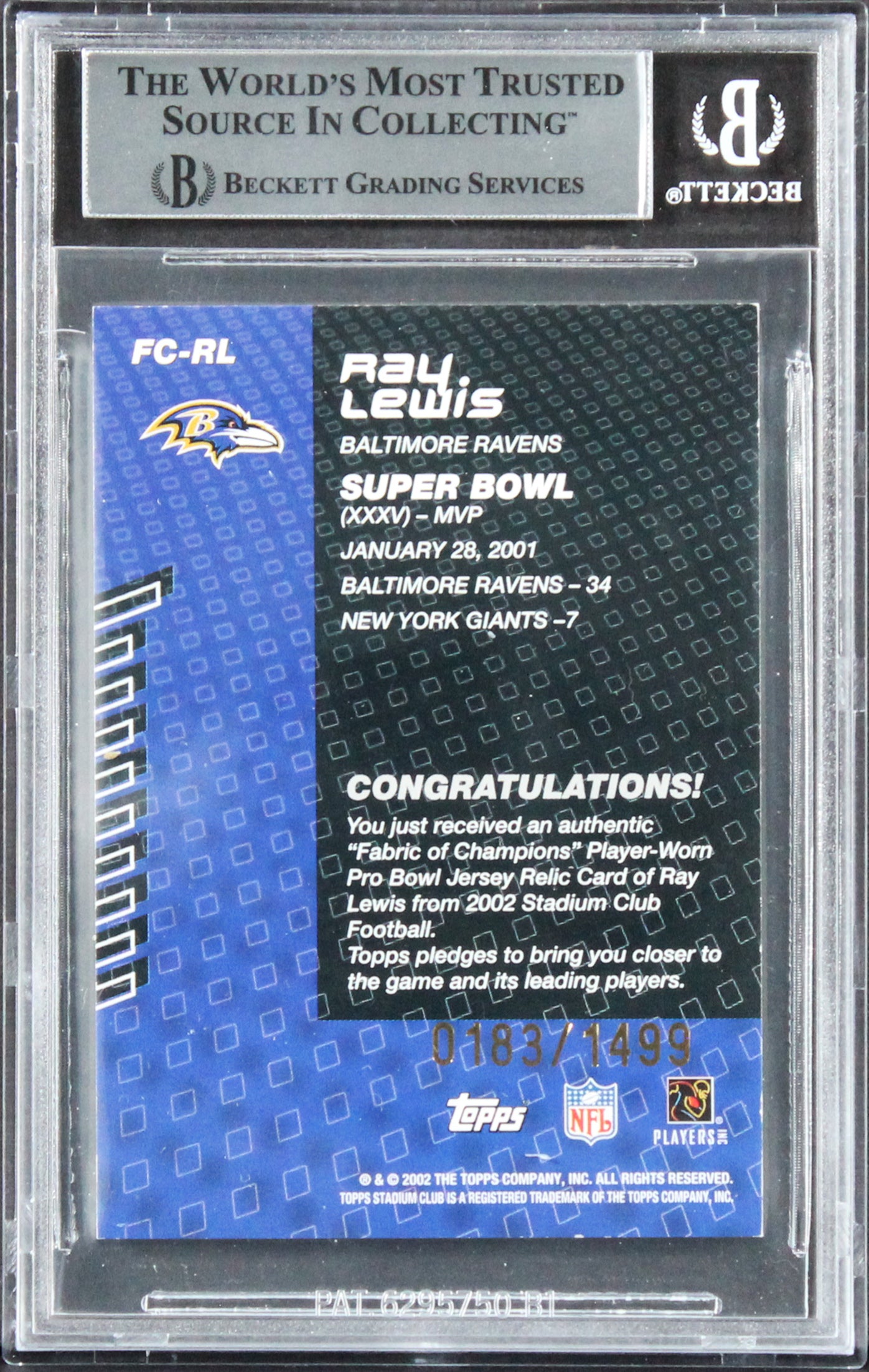 Ravens Ray Lewis Signed 2002 Stadium Club FOC #FCRL #183/1499 Card BAS Slabbed
