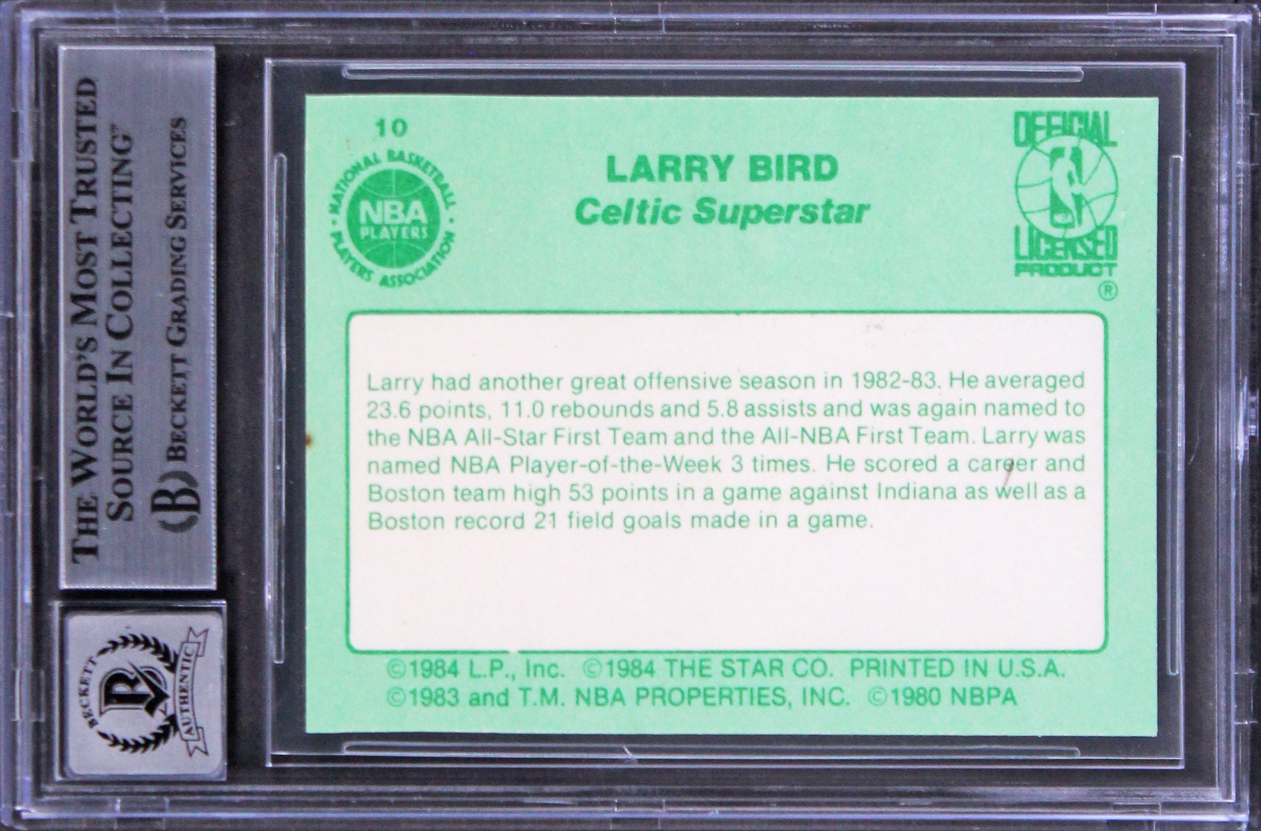 Celtics Larry Bird Signed 1984 Star Larry Bird #10 Card Auto 10! BAS Slabbed