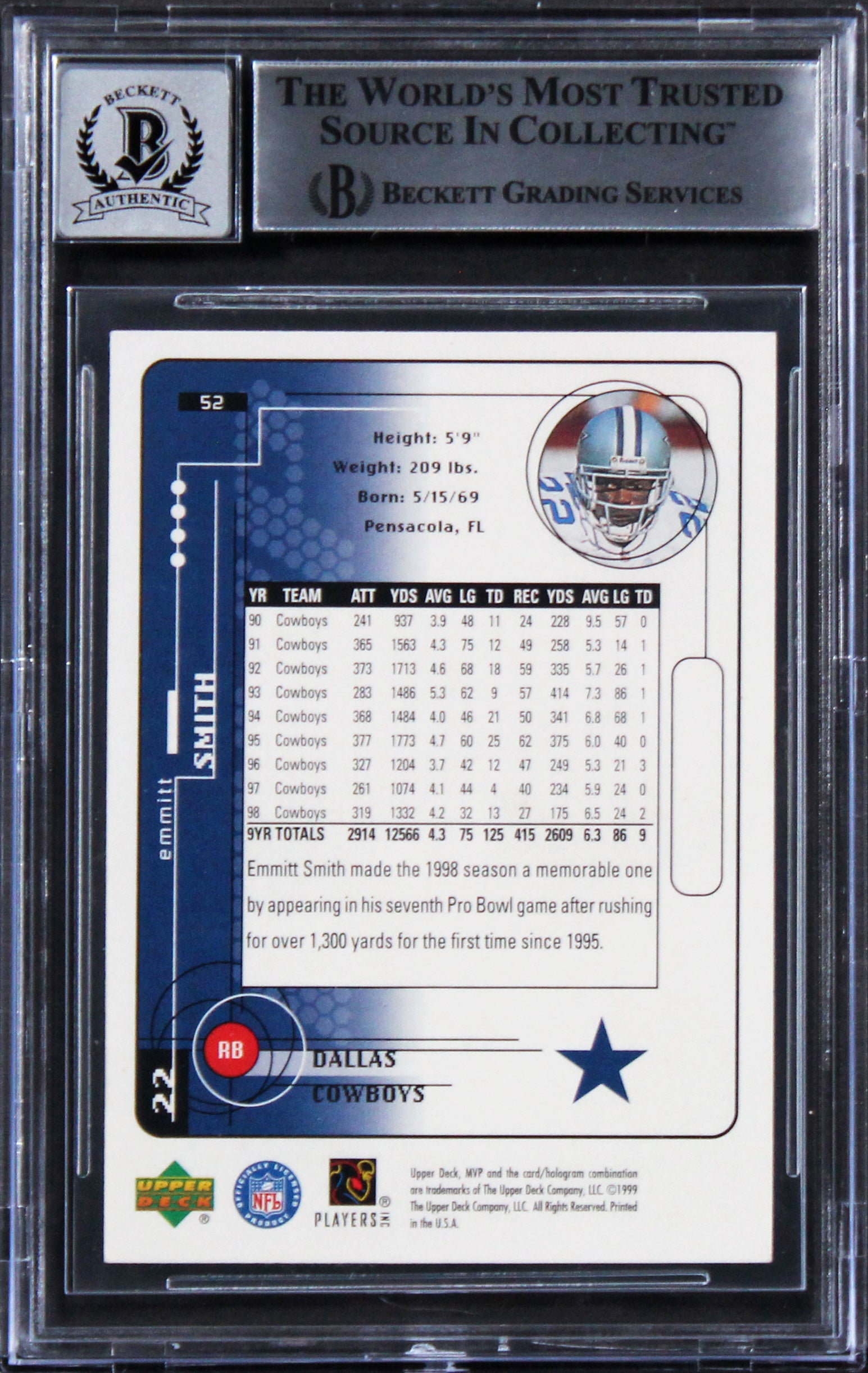 Cowboys Emmitt Smith Signed 1999 Upper Deck MVP #52 Card Auto 10! BAS Slabbed
