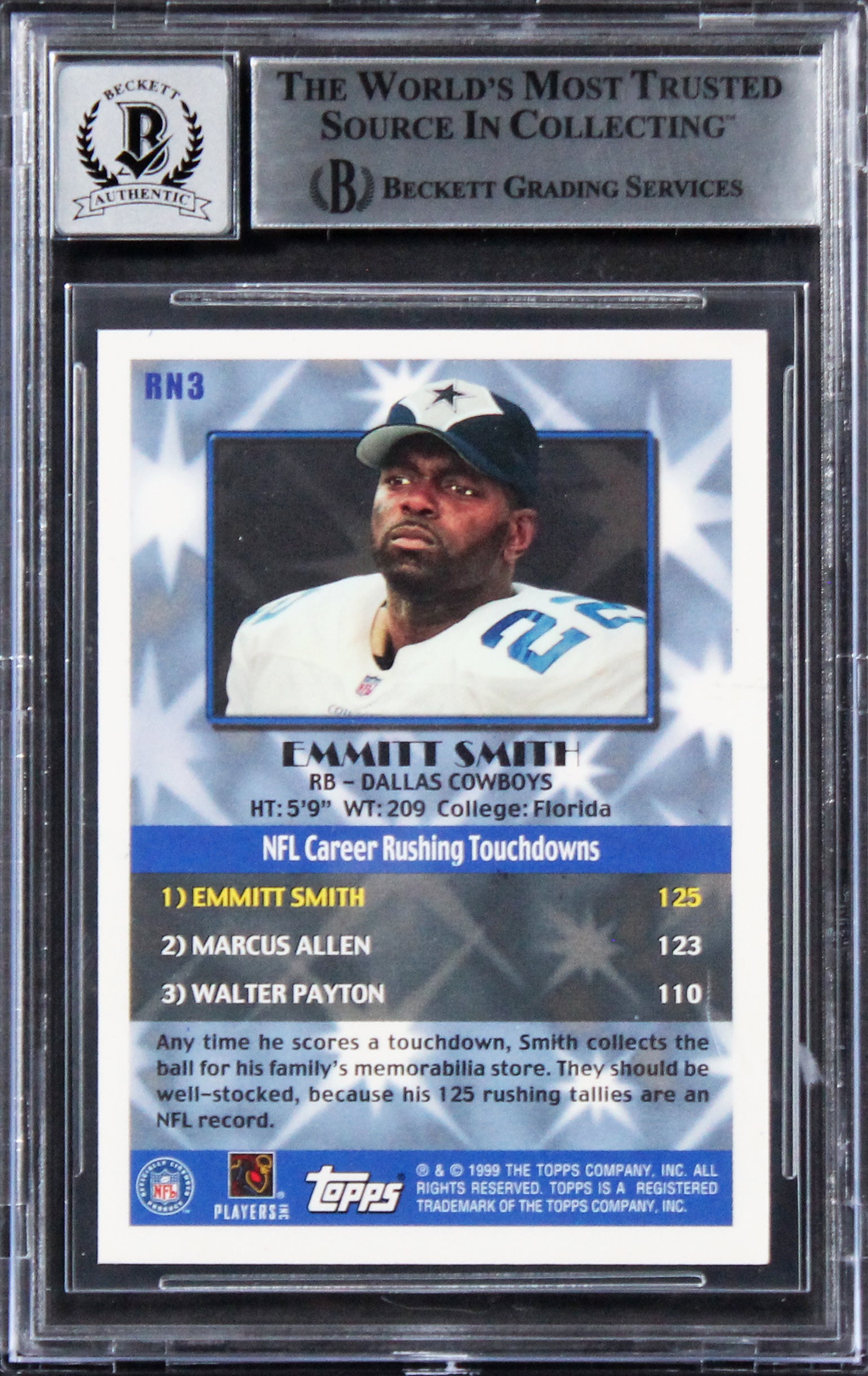 Cowboys Emmitt Smith Signed 1996 Topps Record Numbers #RN3 Card Auto 10 BAS Slab