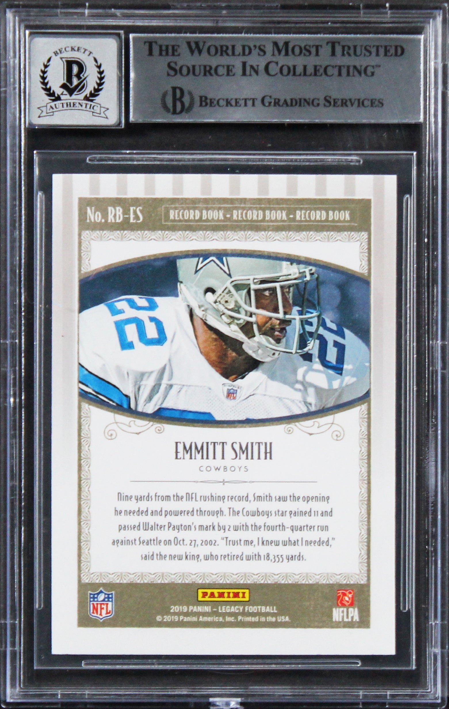 Cowboys Emmitt Smith Signed 2019 Panini Legacy #3 Card Auto 10! BAS Slabbed