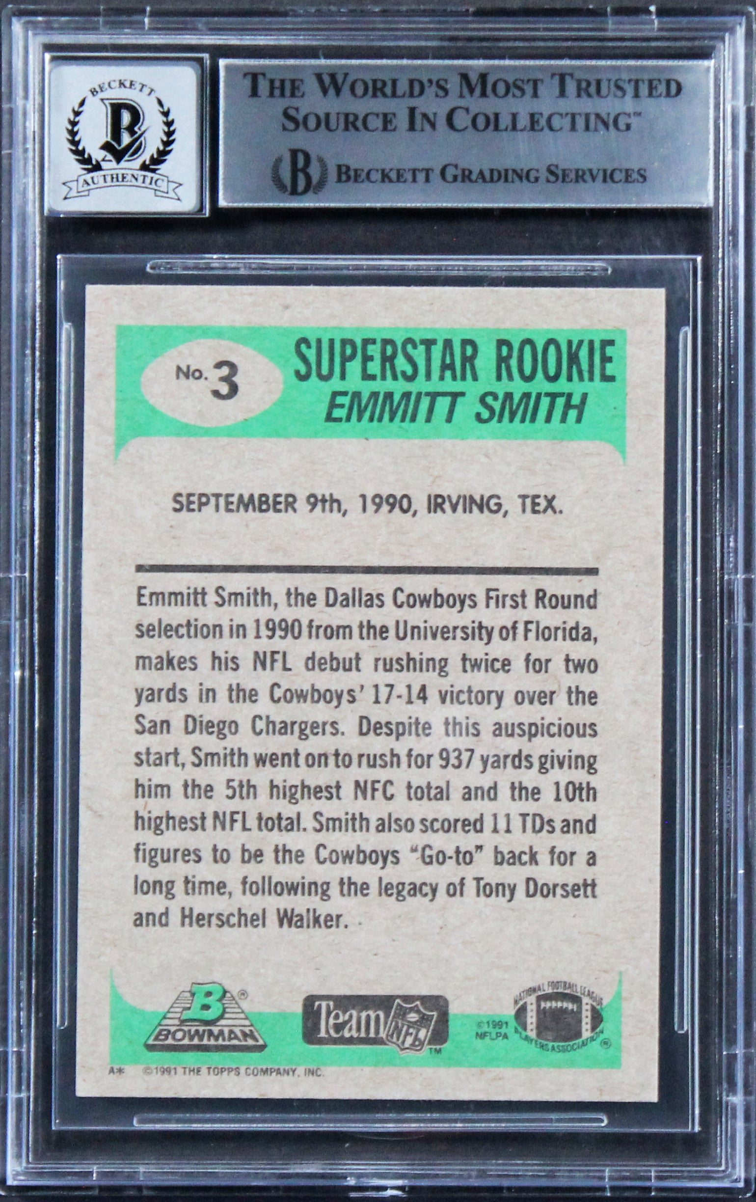 Cowboys Emmitt Smith Authentic Signed 1991 Bowman #3 Card Auto 10! BAS Slabbed